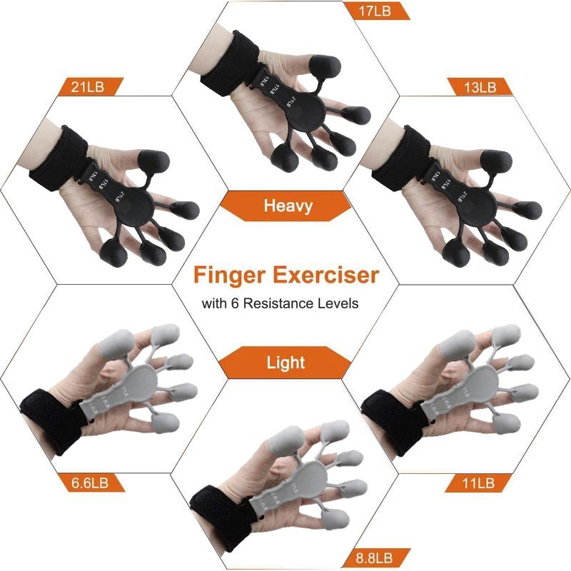 Finger exerciser with resistance levels displayed on a white background