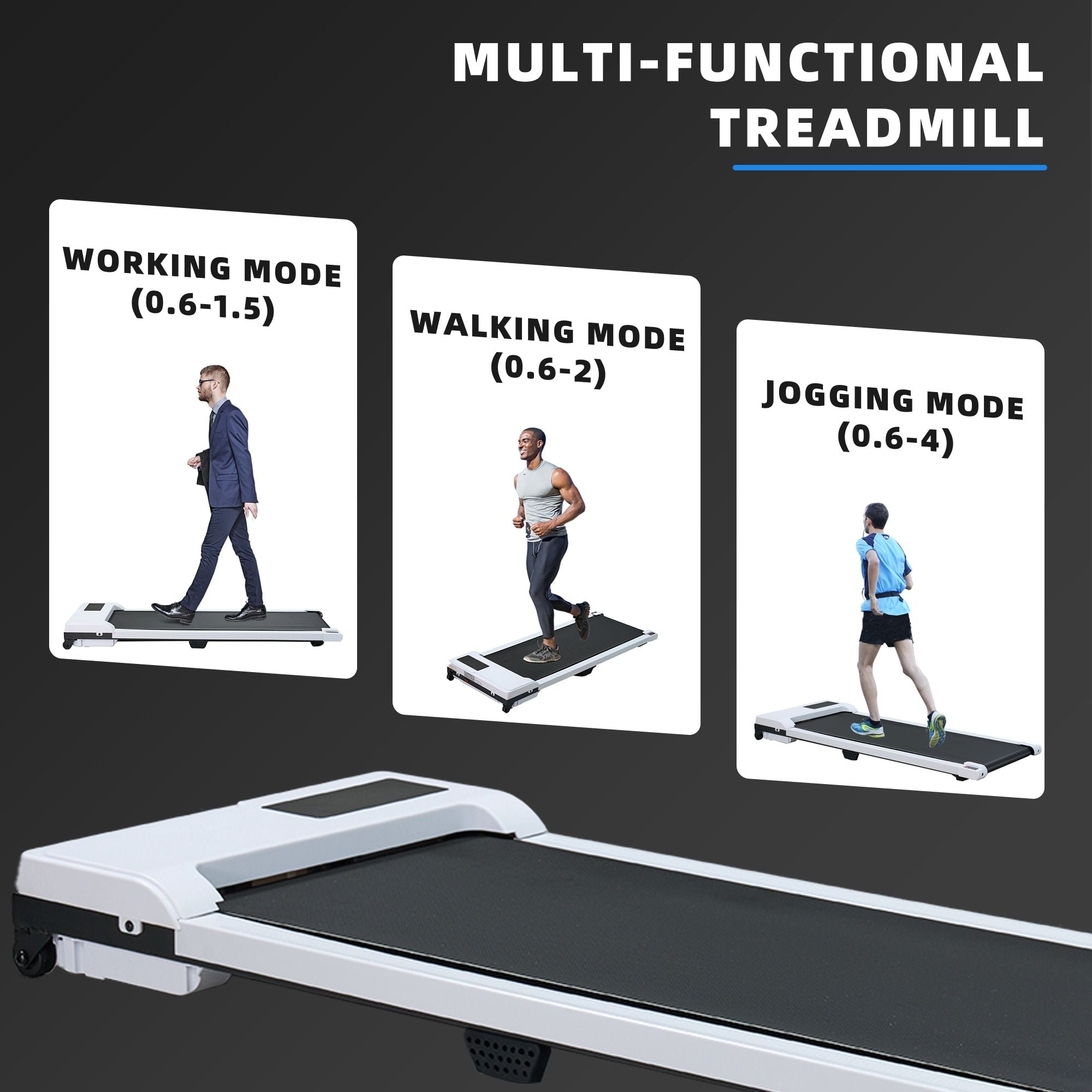 Multi-functional treadmill with mode indicators.