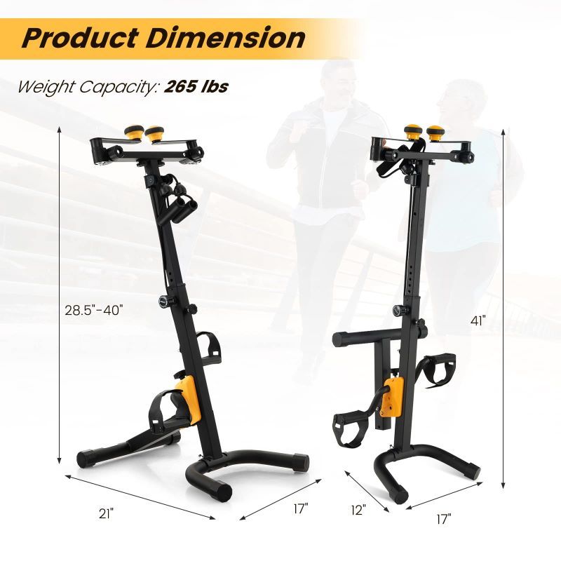 Two black exercise bike stands with measurements and weight capacity.