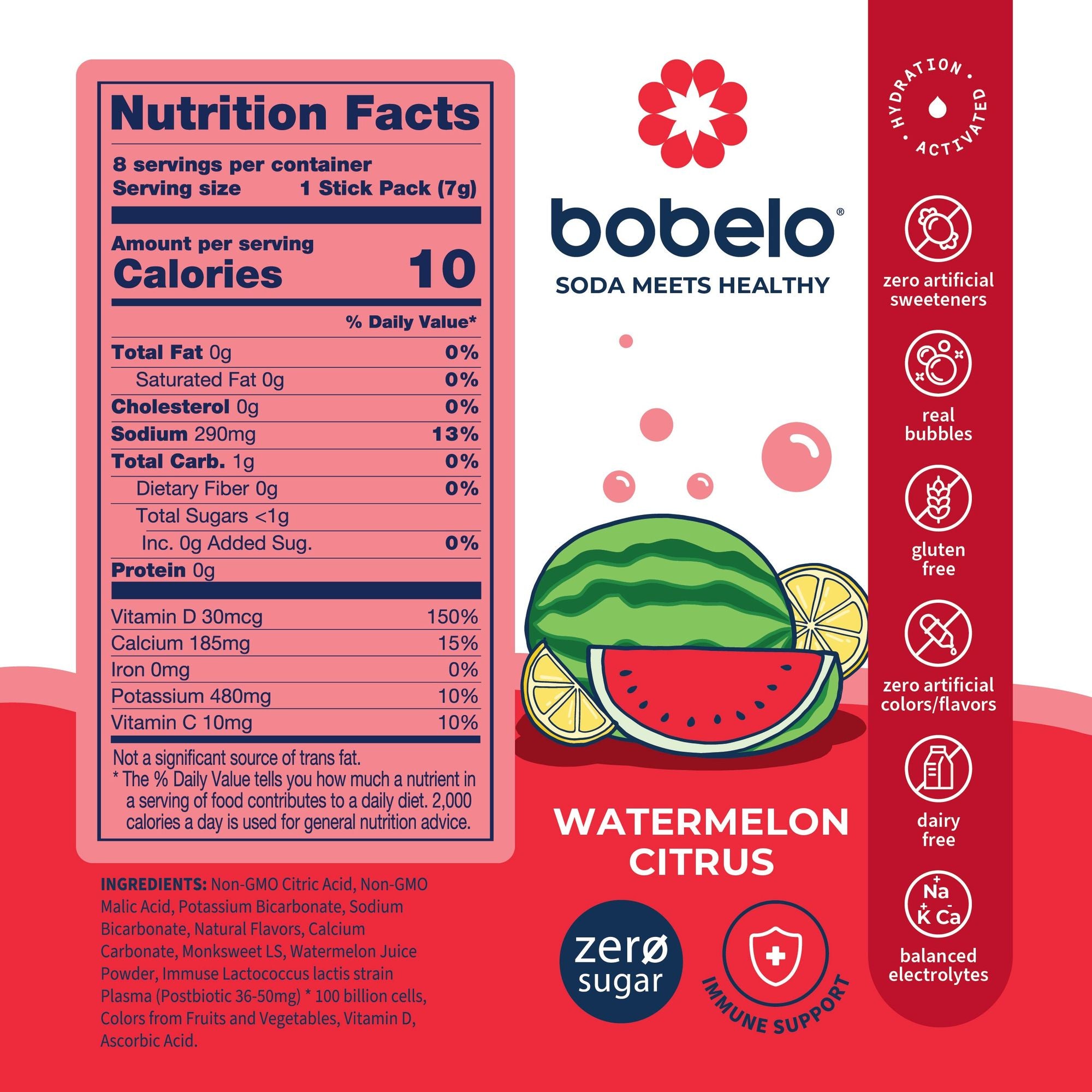 Bobelo watermelon citrus drink packaging with nutrition facts and branding details.