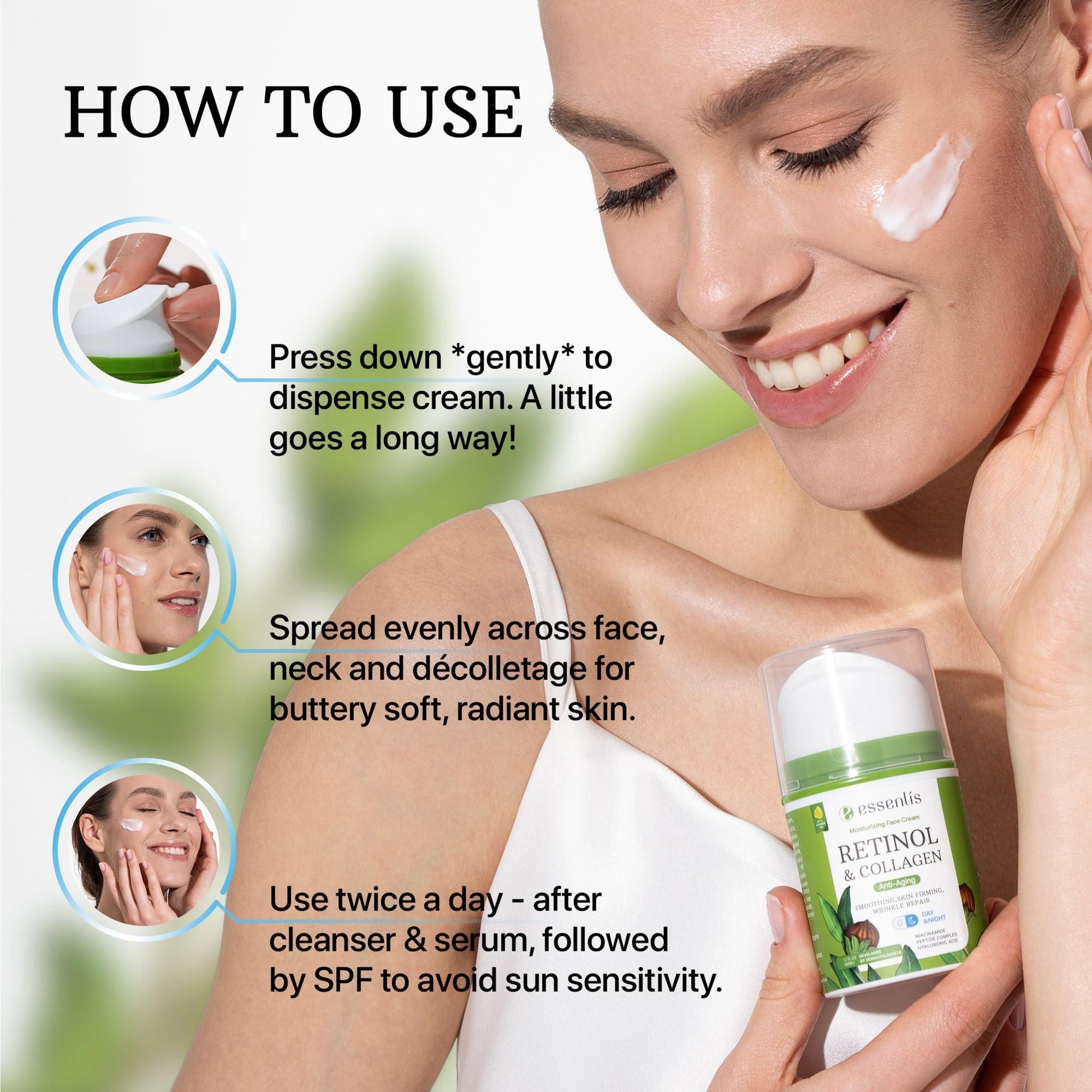 Woman applying cream with instructions on how to use it, featuring a product labeled 'Retinol & Collagen'.