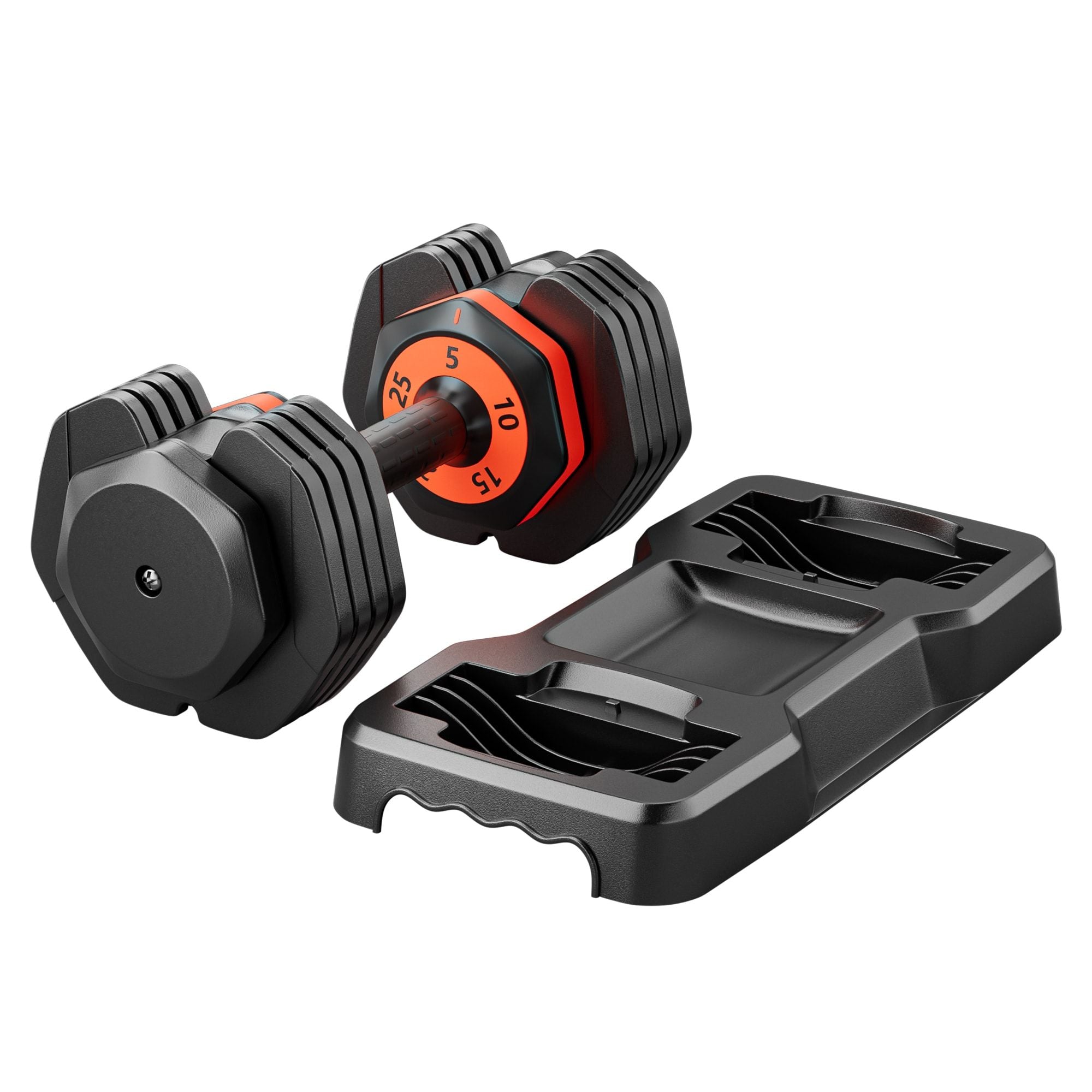 Pair of adjustable dumbbells with weight markers.
