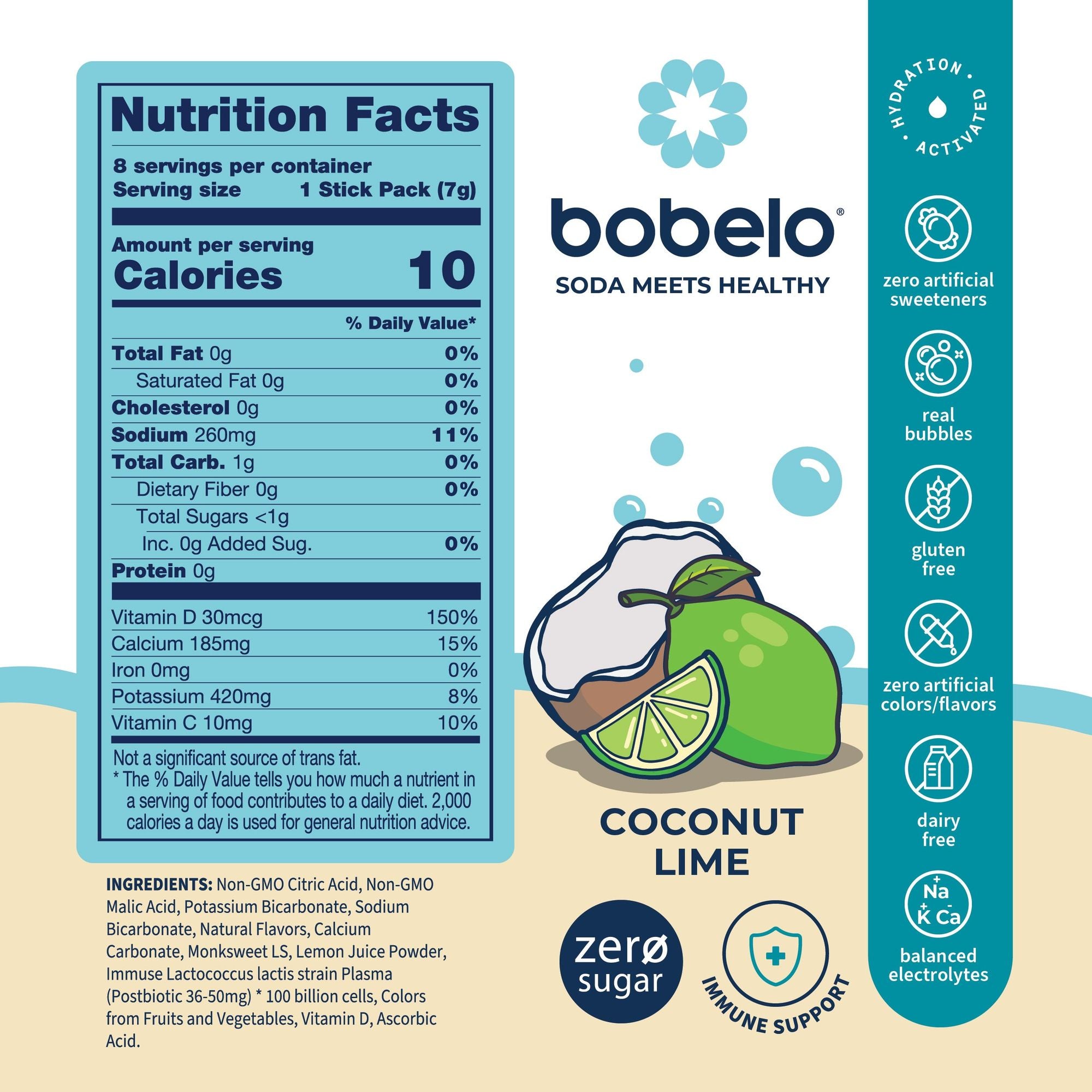 Bobelo coconut lime drink packaging with nutrition facts and ingredients listed.