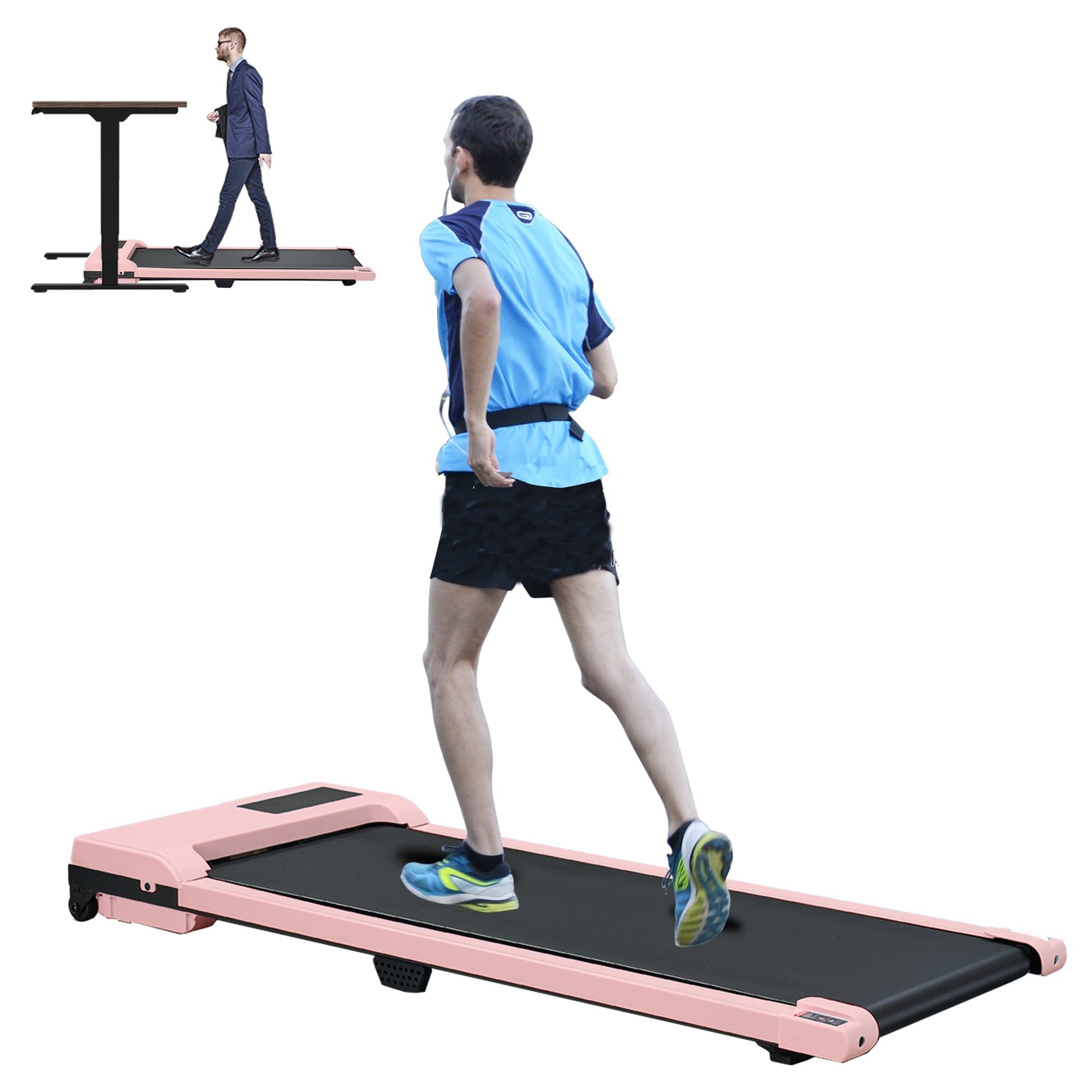 Person using a pink and black treadmill on a white background
