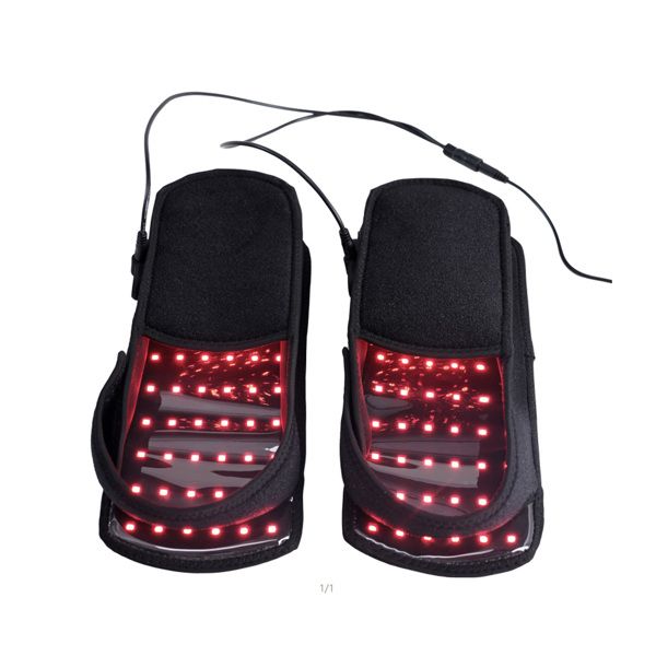 Pair of black LED shoe lights with red illumination on a white background.