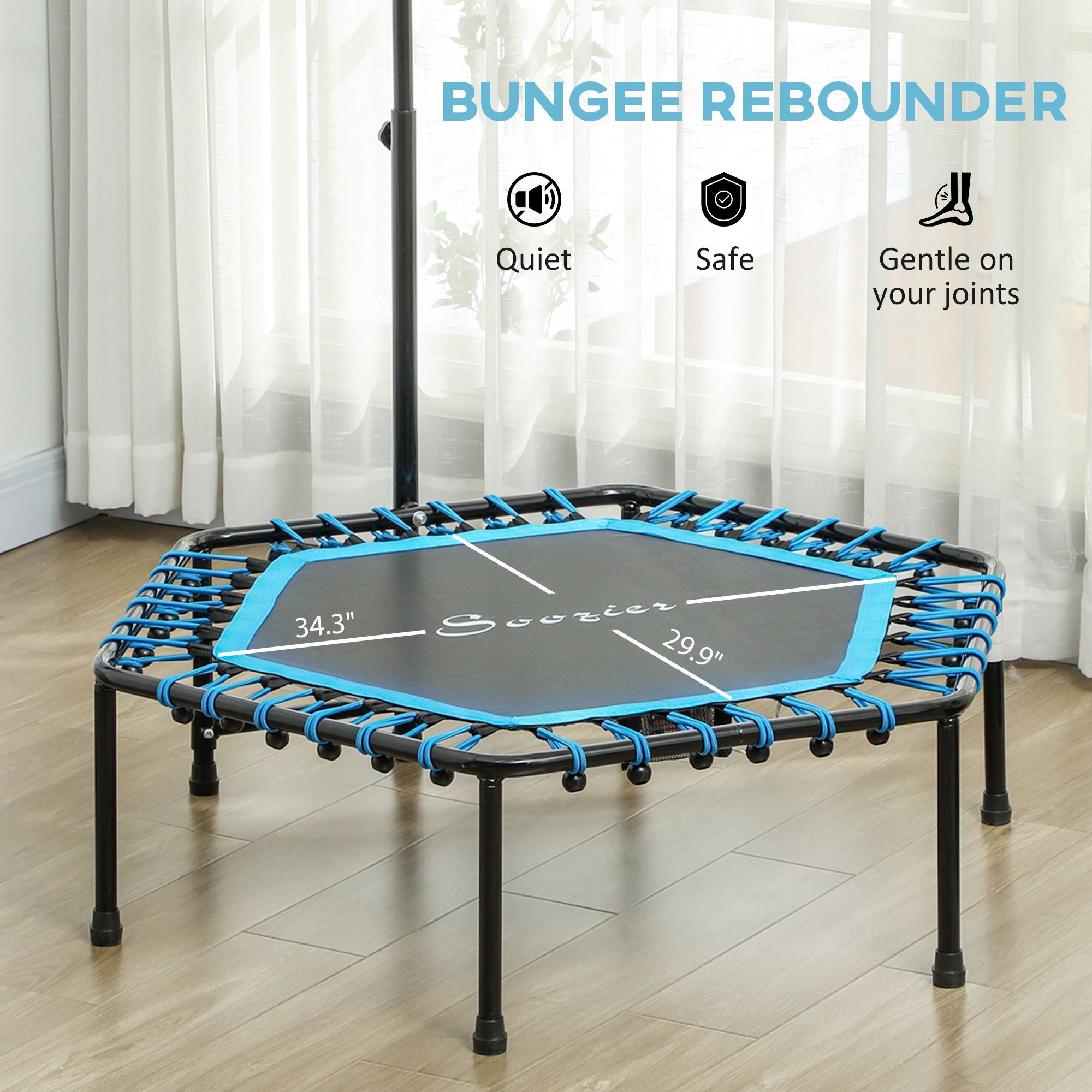 Bungee Rebounde with text indicating features like 'Quiet', 'Safe', and 'Gentle on your joints'.