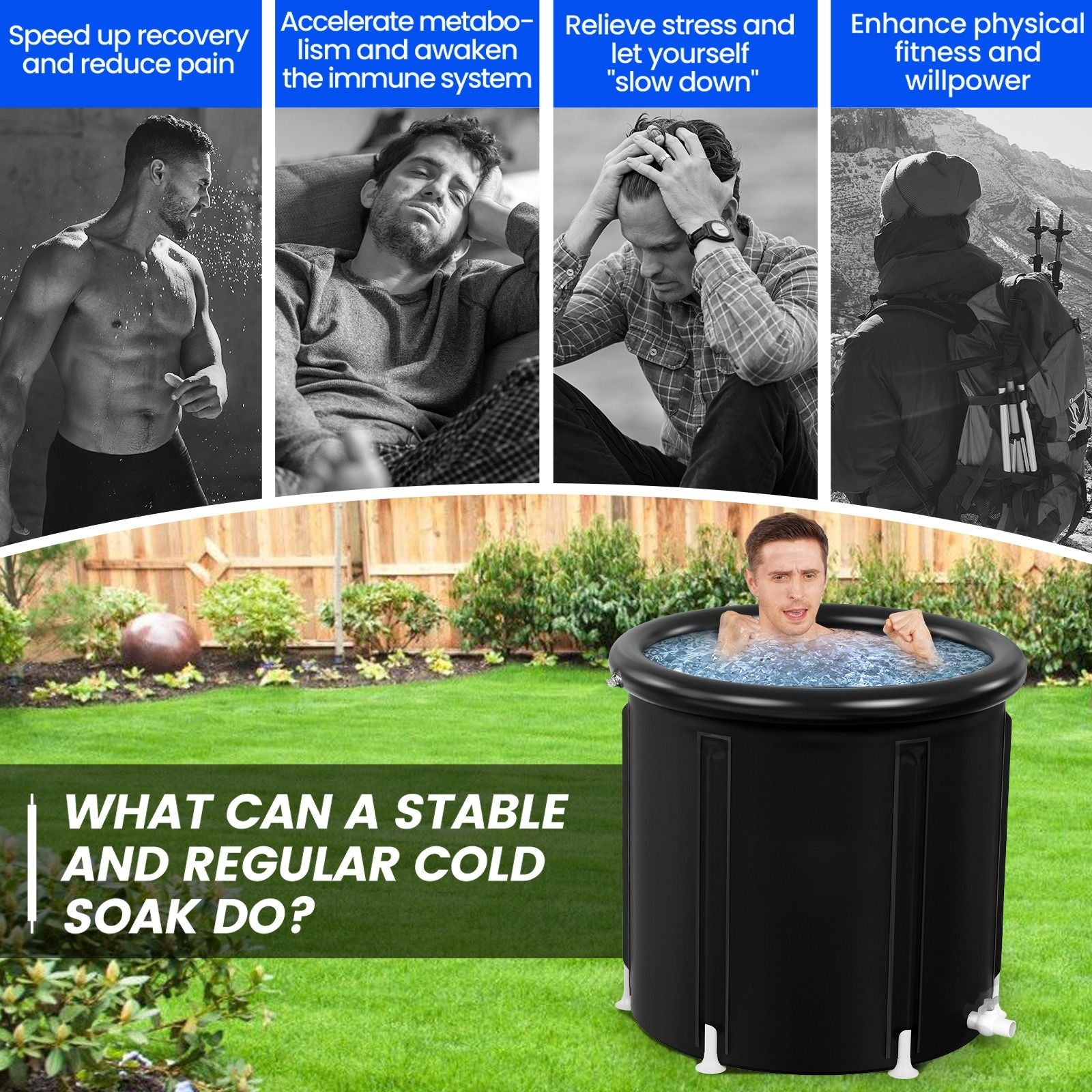 Person in a hot tub with text about the benefits.