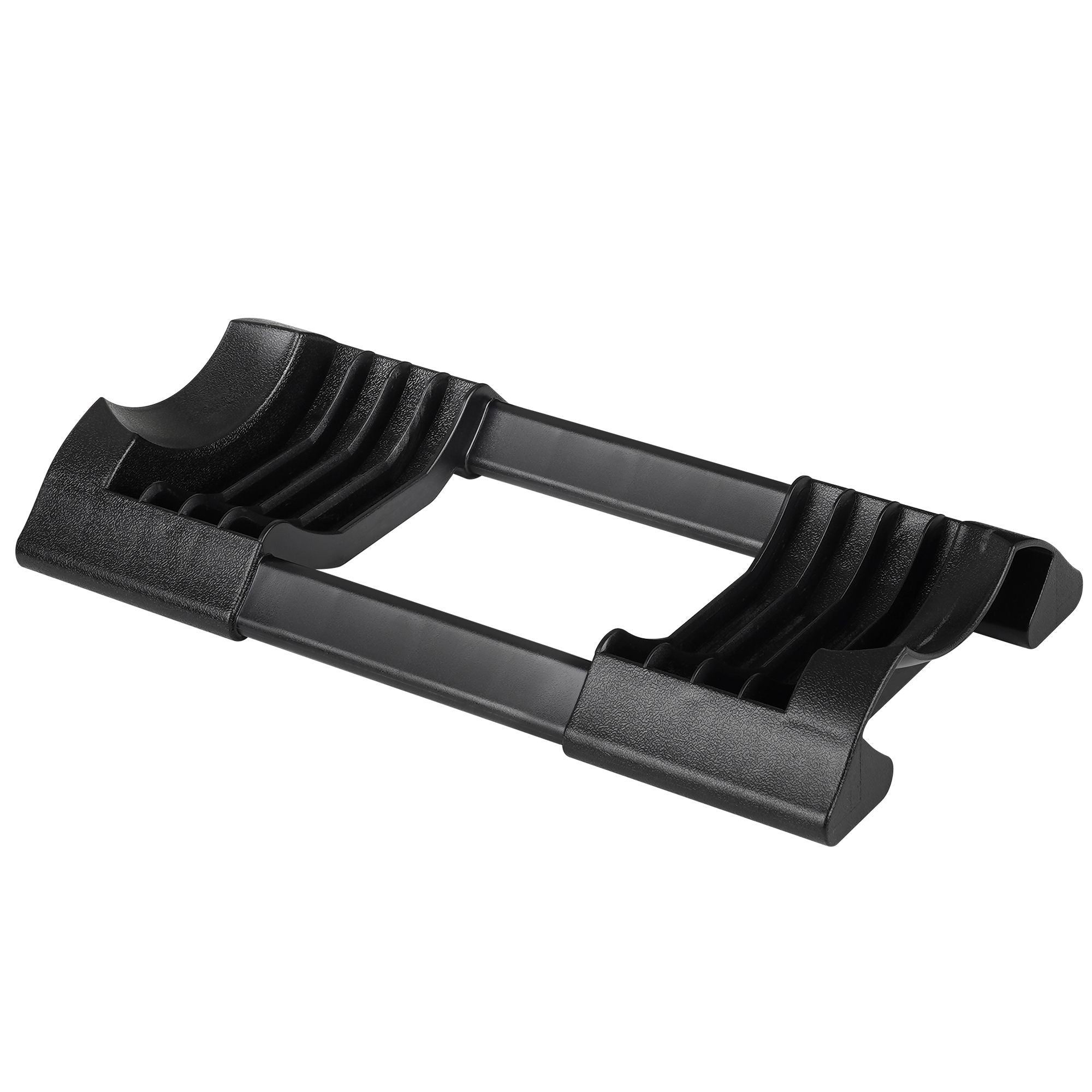 Black plastic component on a white background.