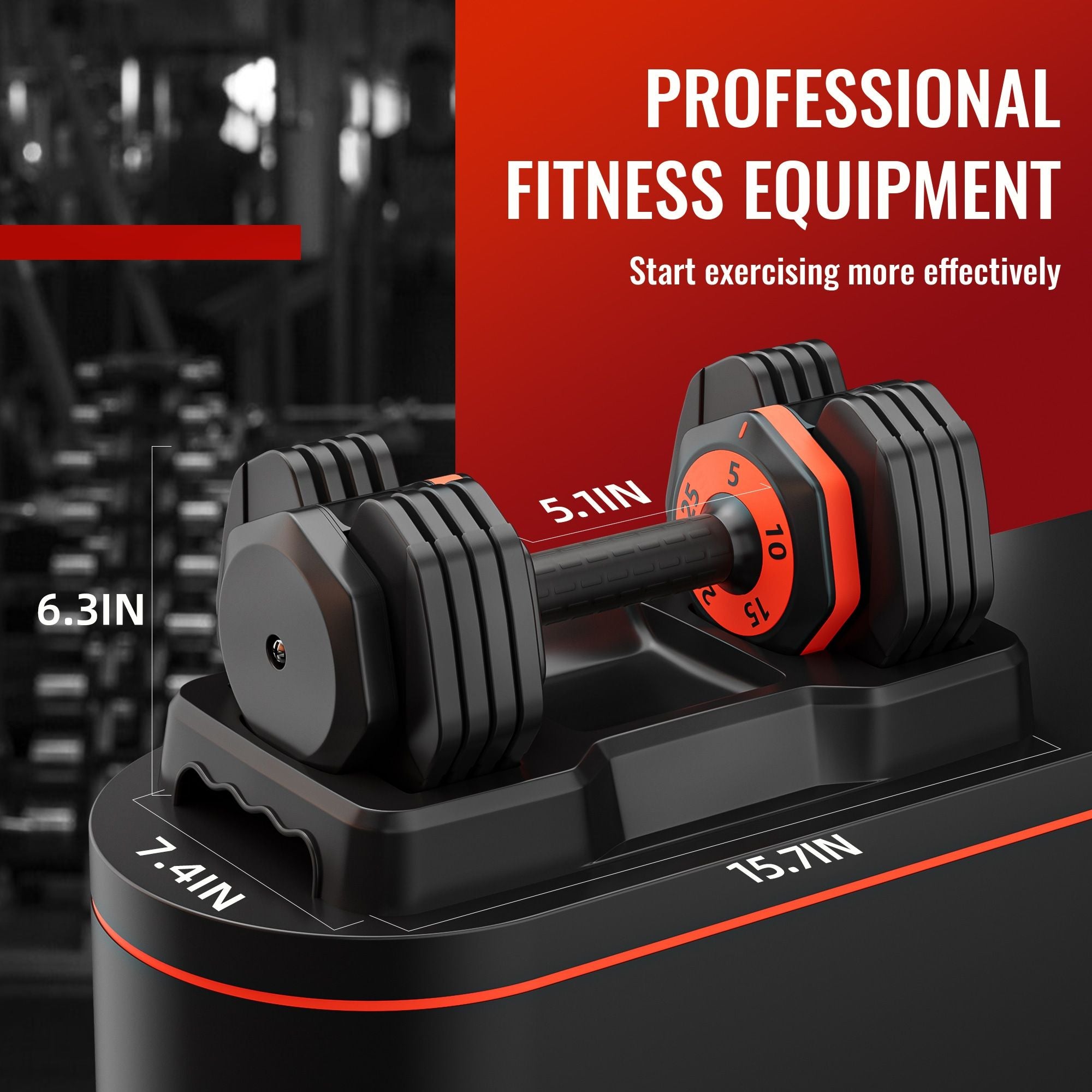 Pair of adjustable dumbbells on a stand with fitness equipment.