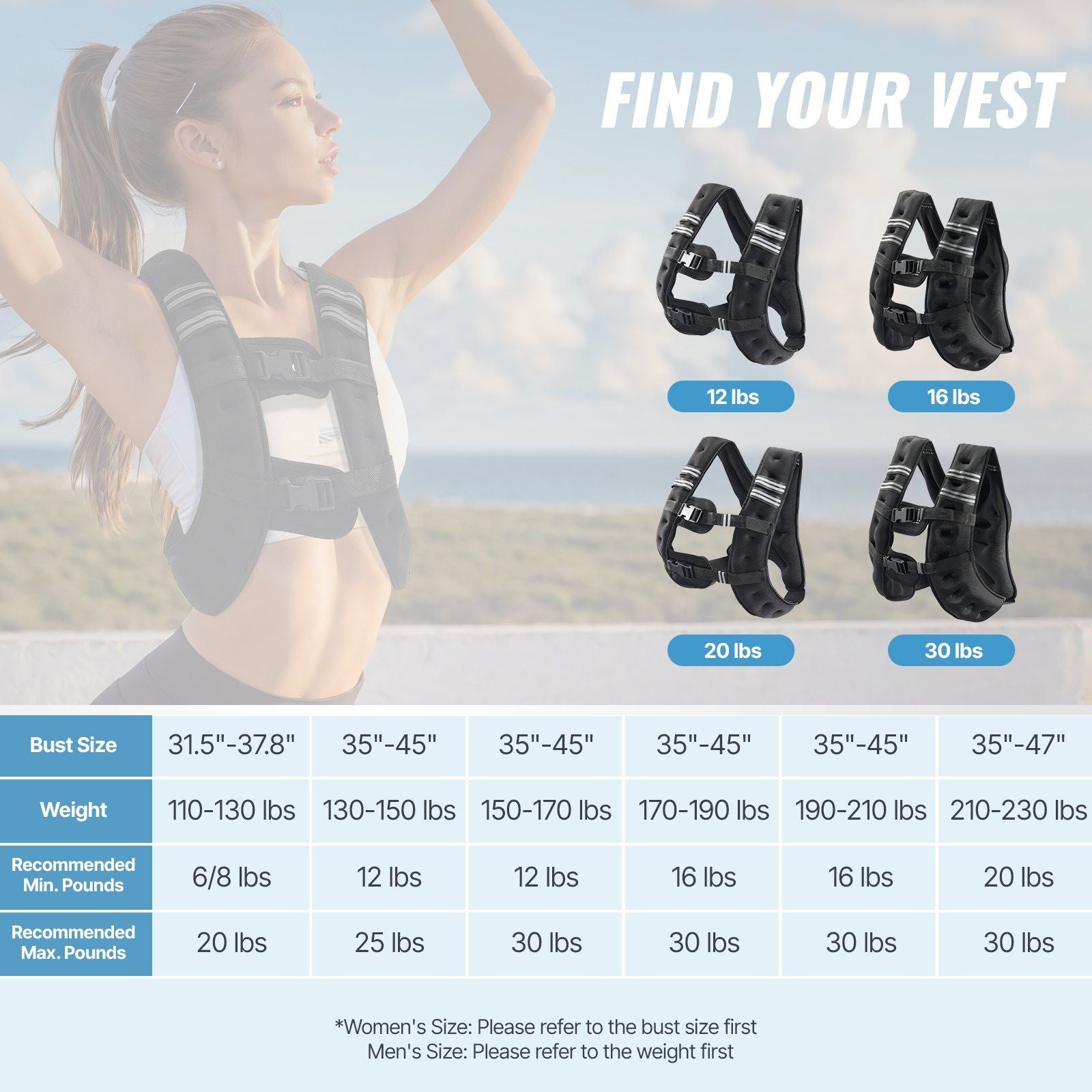 Fitness vest with weight options and size chart.
