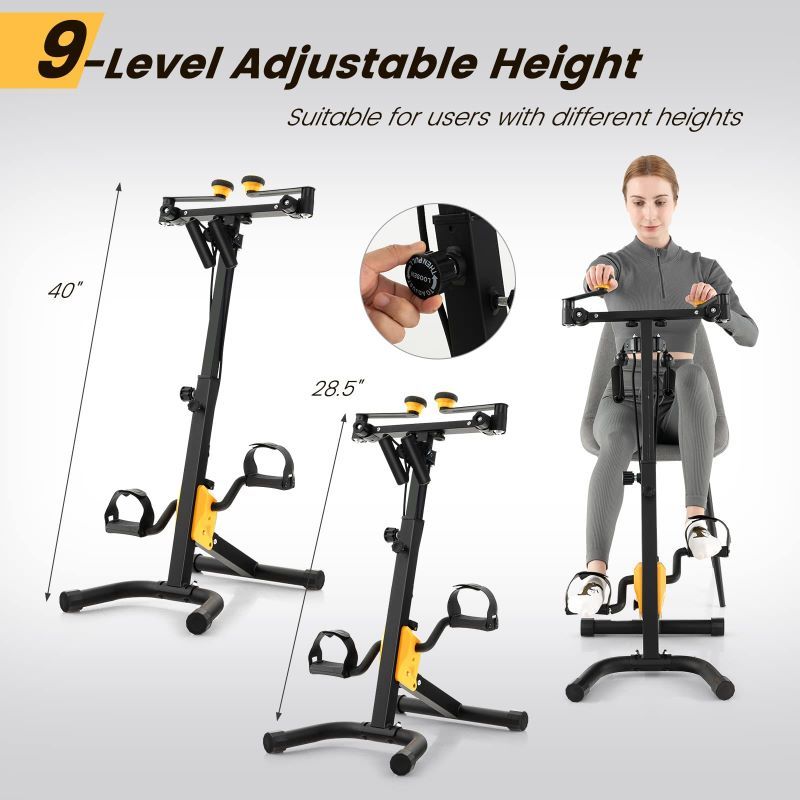 Adjustable height exercise bike with user demonstration and measurements.