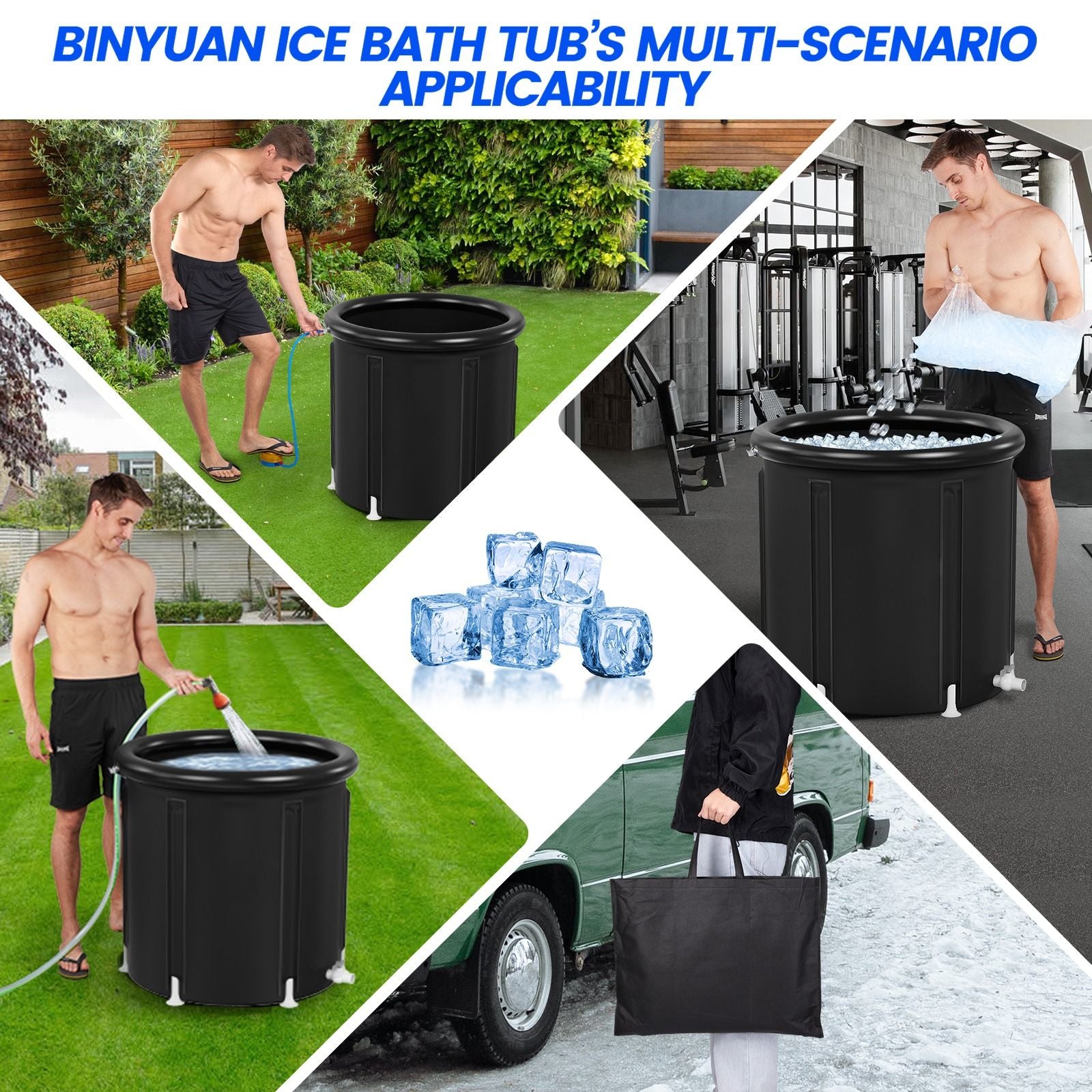  a black ice bath tub being used in various scenarios, including outdoor and indoor settings.