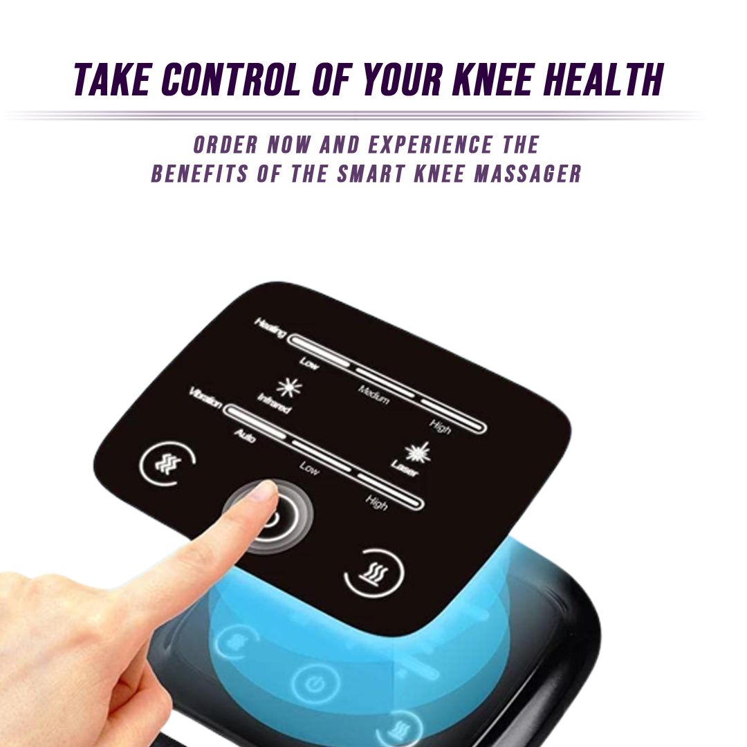 Smart knee massager with control panel and hand pressing a button, promotional text about knee health.
