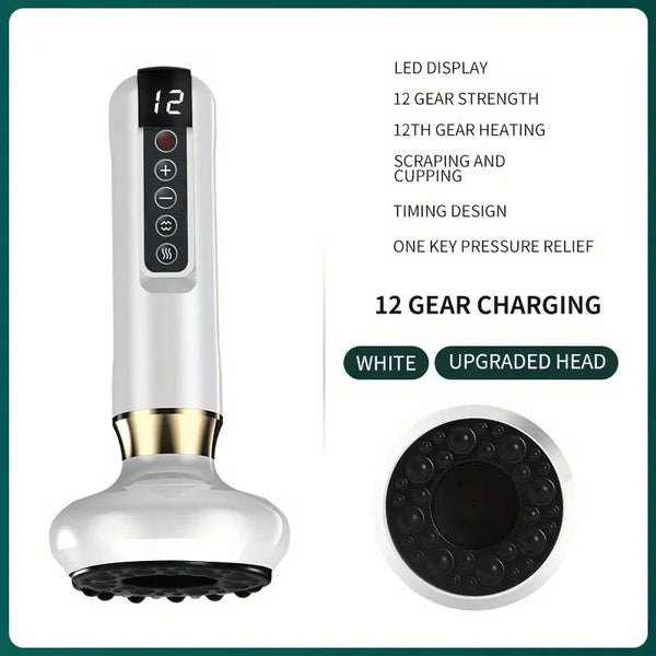 White handheld device with LED display and additional features.