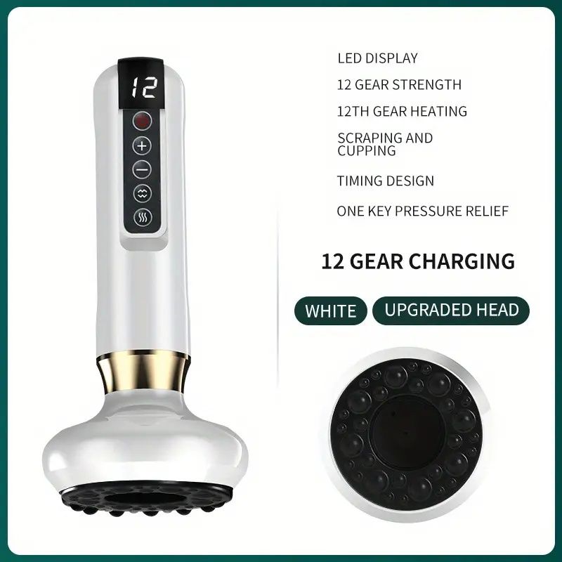 White handheld device with LED display and additional features.