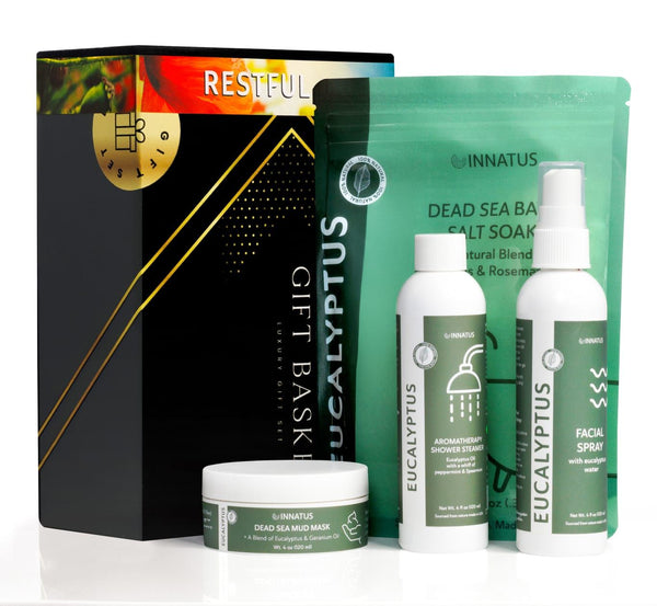 Innatus Eucalyptus skincare and wellness products including a bath salt, shower steam, facial spray, and mask.