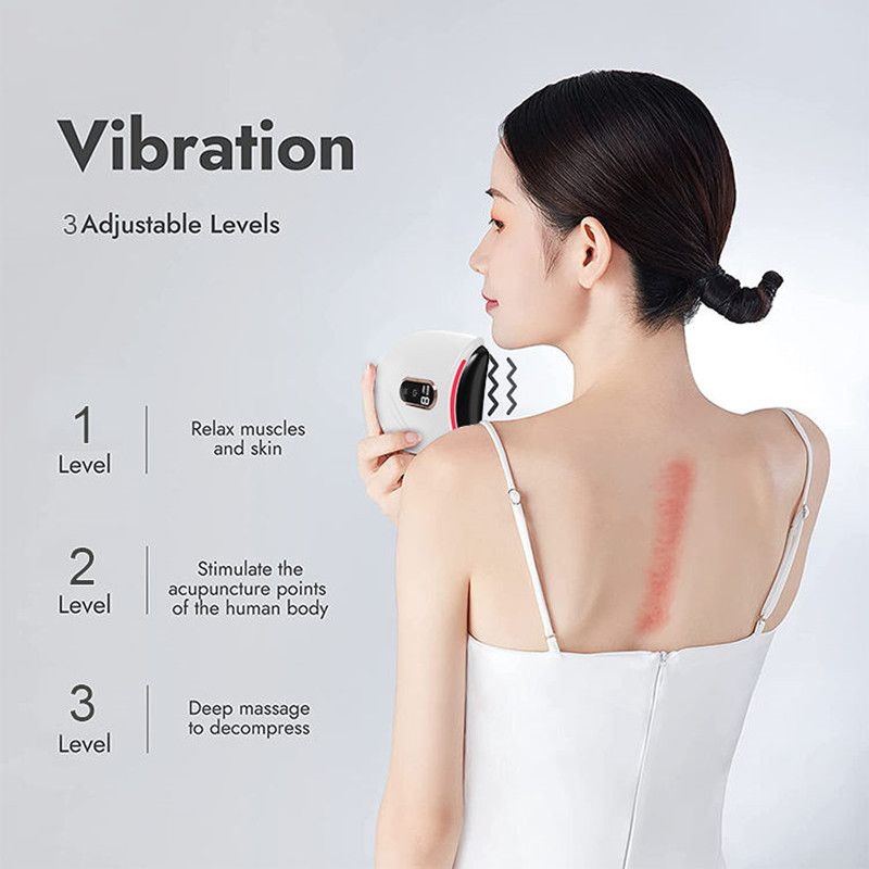 Woman using a handheld device on her back with text about vibration levels and benefits.