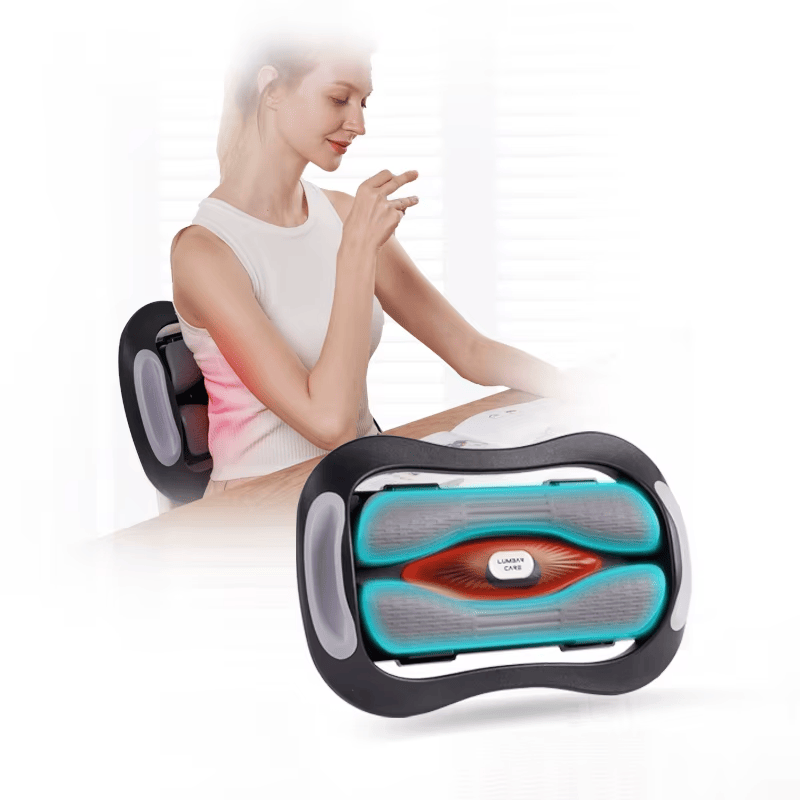 Woman using a back massager on a white background