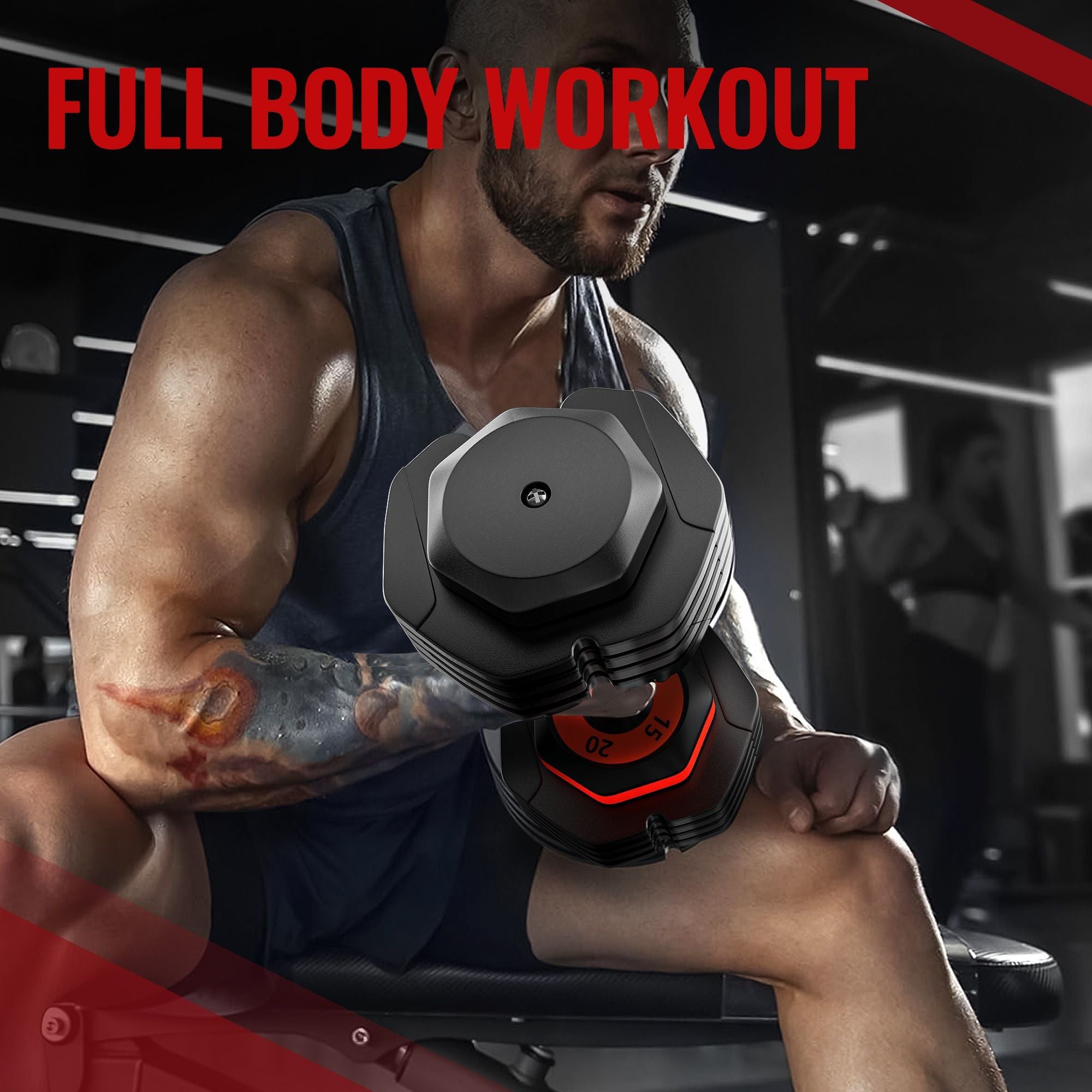 man lifting dumbbell in gym, full body workout promotion text.  
