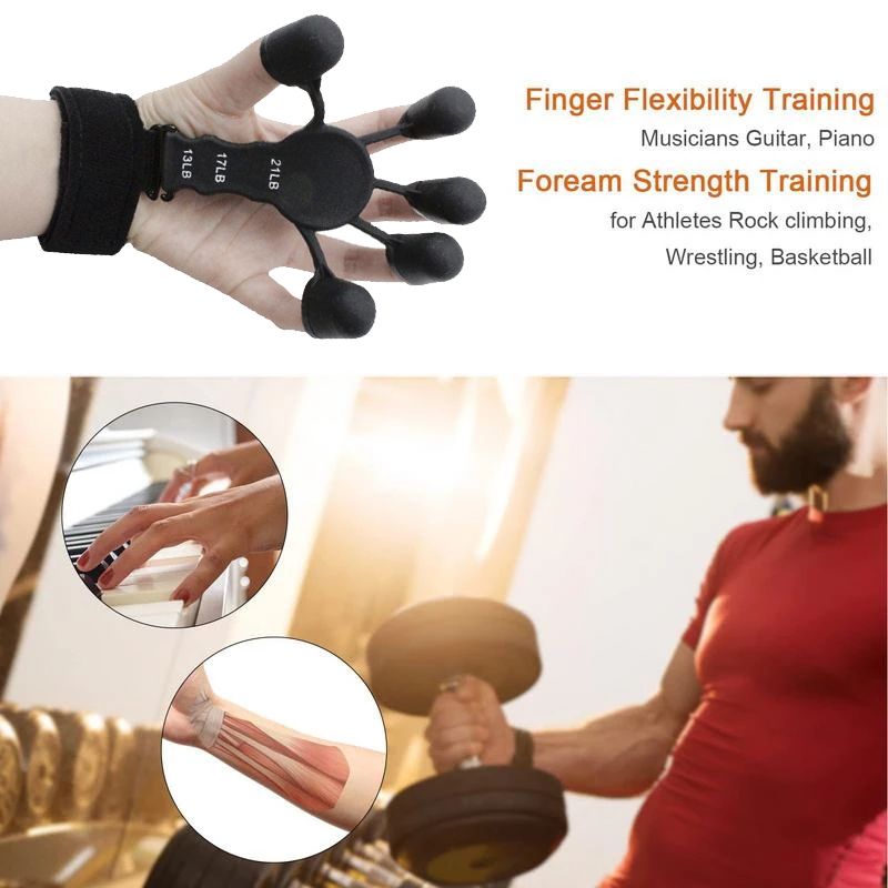 Hand glove with finger splints for finger flexibility and strength training, used by musicians and athletes.