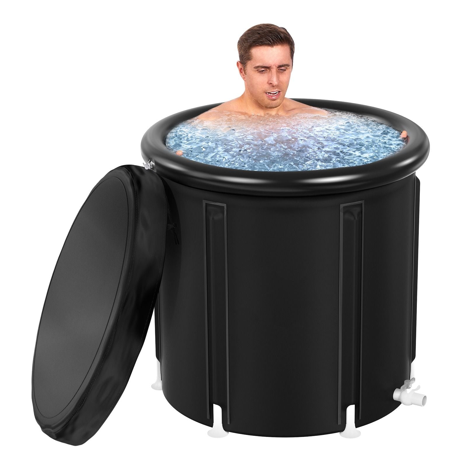 Portable hot tub with a man inside on a white background.