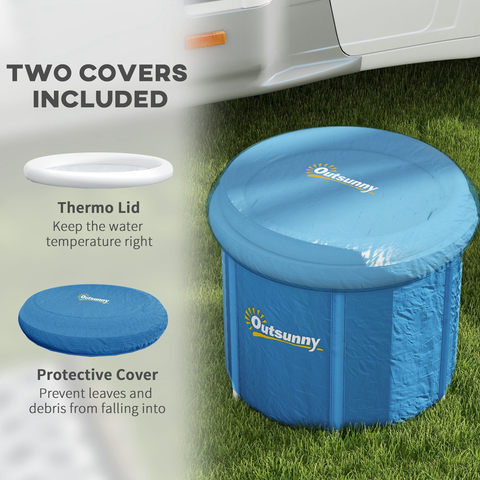 Blue inflatable pool with covers on grass next to a car, featuring Outsunny branding.