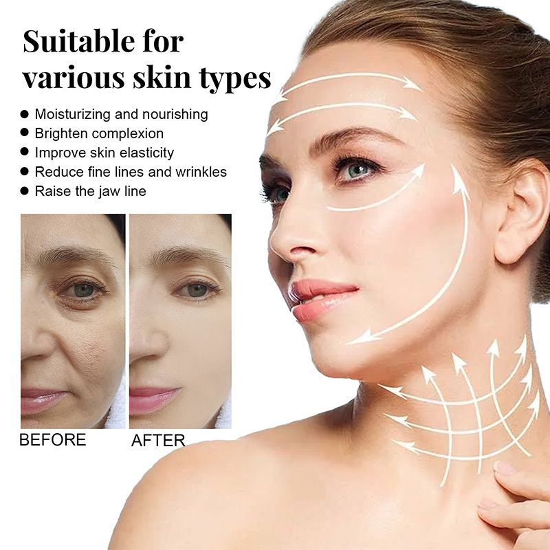 Before and after effects of a skincare product on a woman's face with text highlighting benefits.