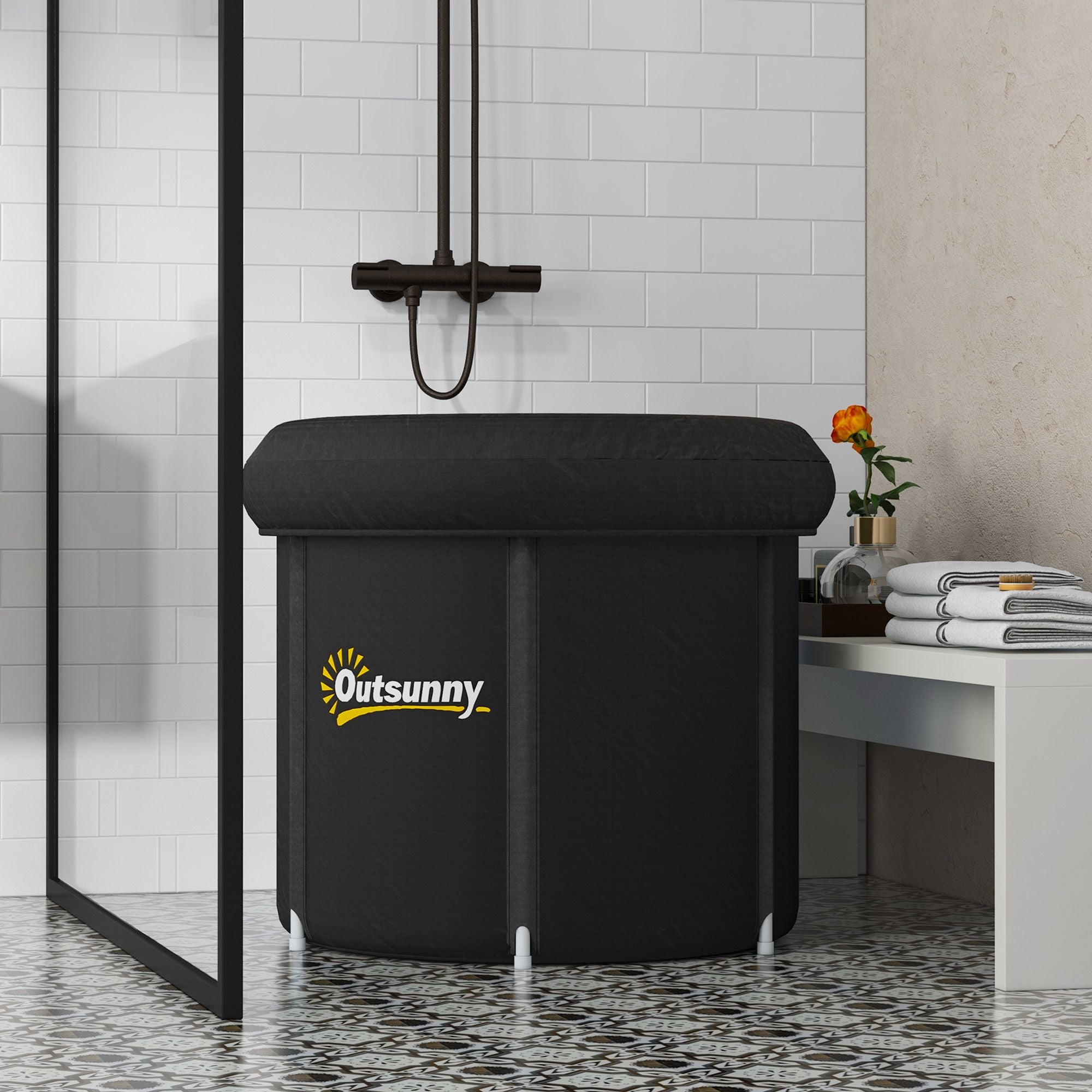 Black laundry basket with 'Outsunny' logo.