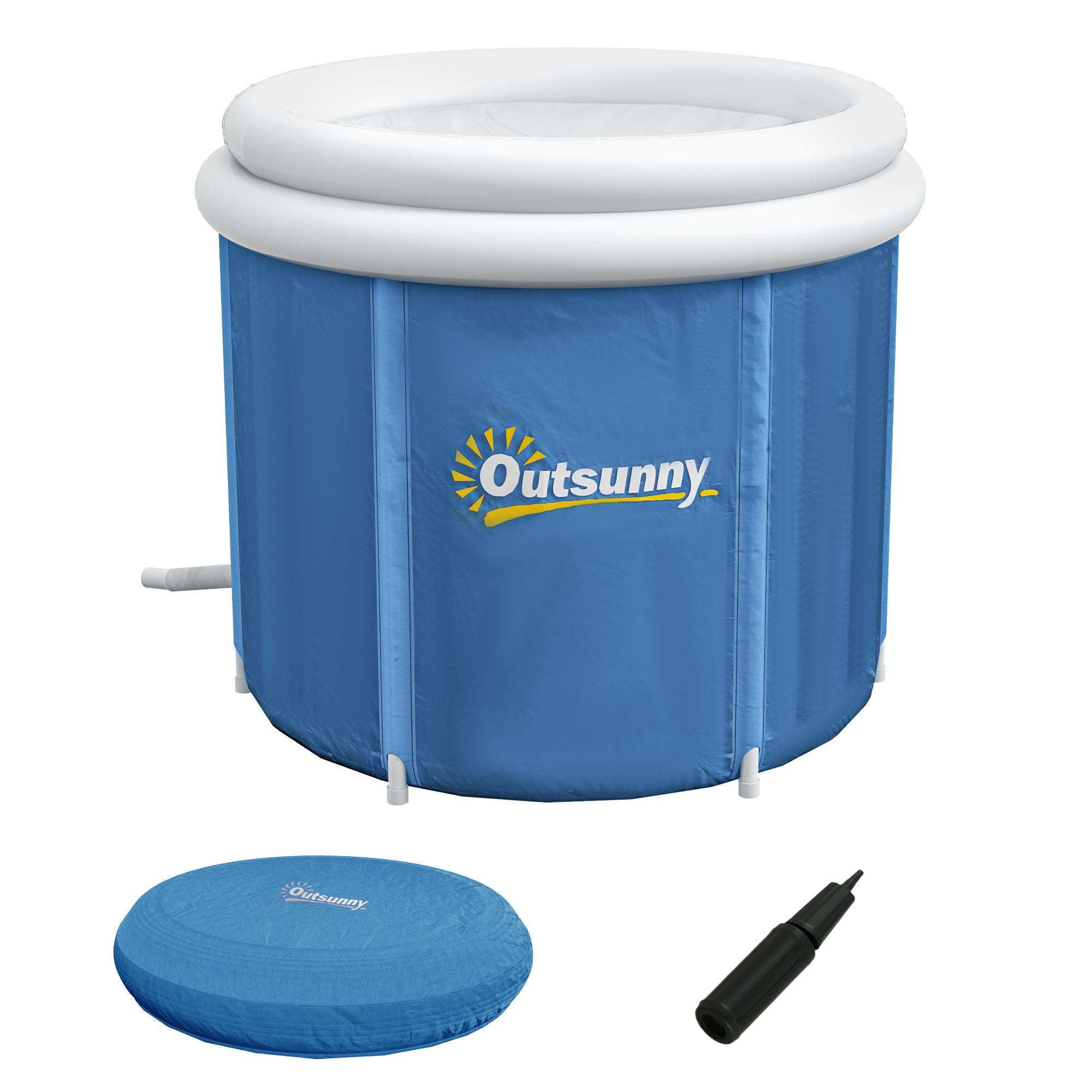 Blue inflatable hot tub with white top, cover, and pump on a white background
