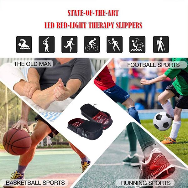Advertisement for LED red-light therapy slippers with various sports activities shown.