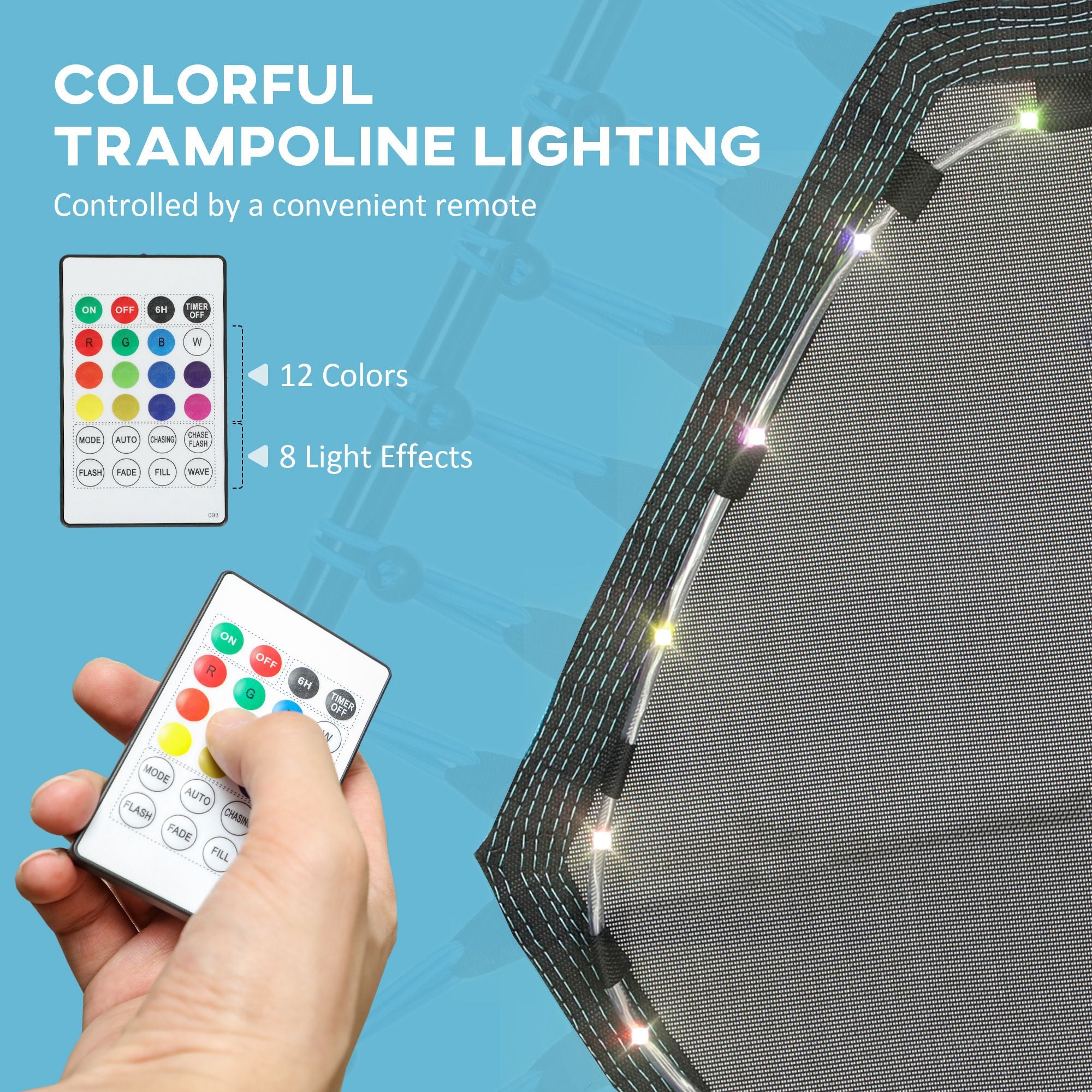 Colorful trampoline lighting system with remote control.