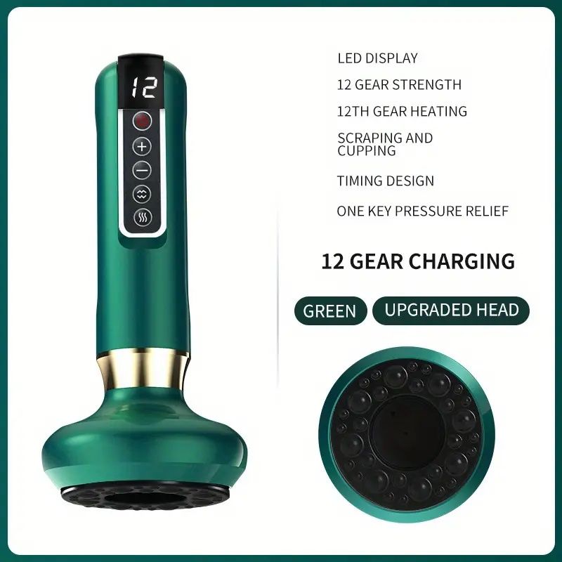 Green handheld device with digital display and massage head.