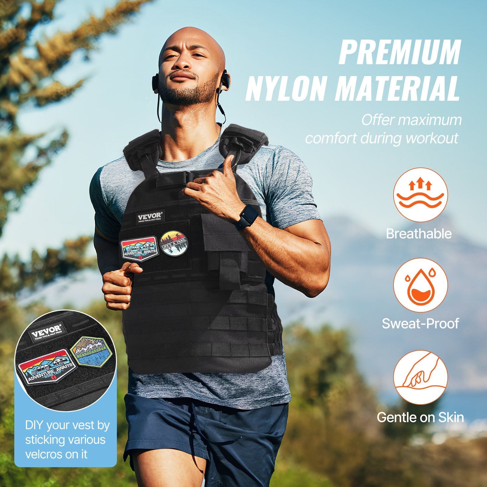Man wearing a black weighted vest outdoors with product features highlighted.
