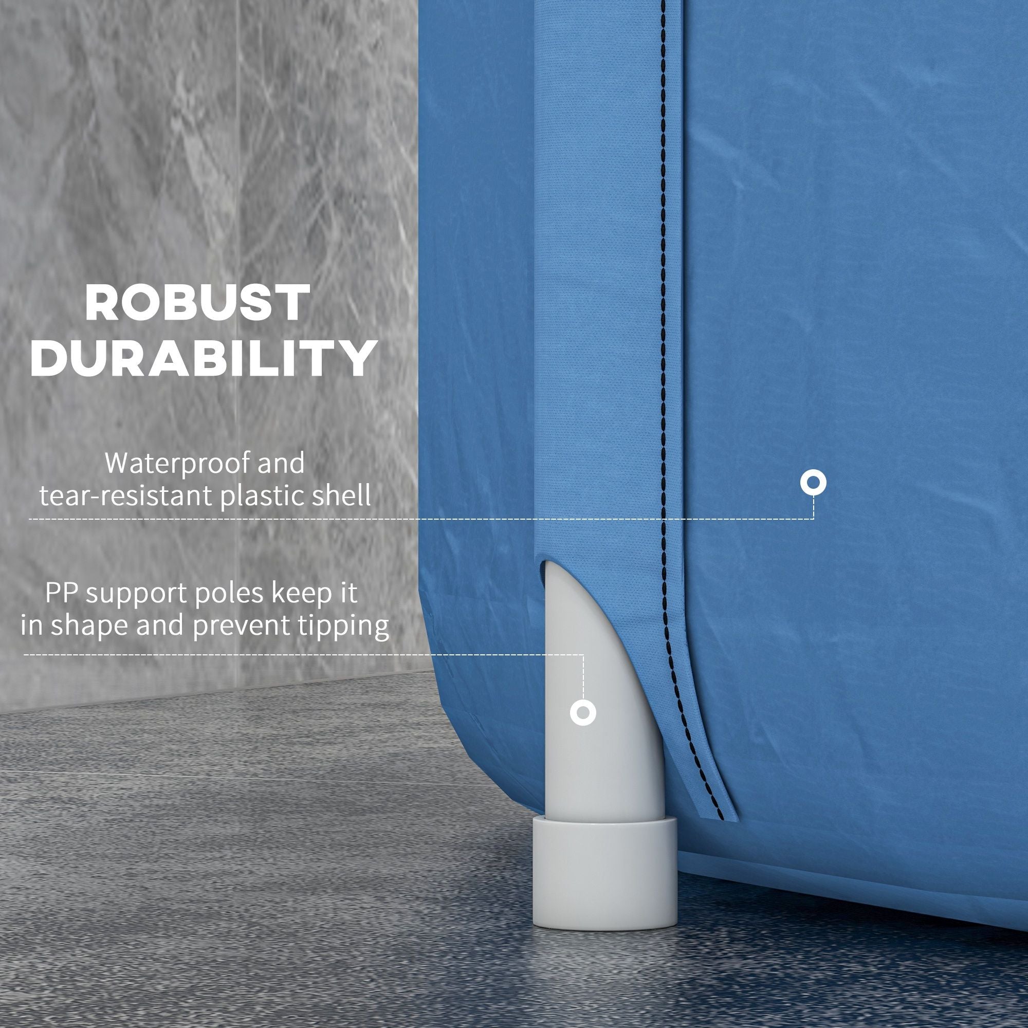 Blue portable tent with robust durability features on a gray surface