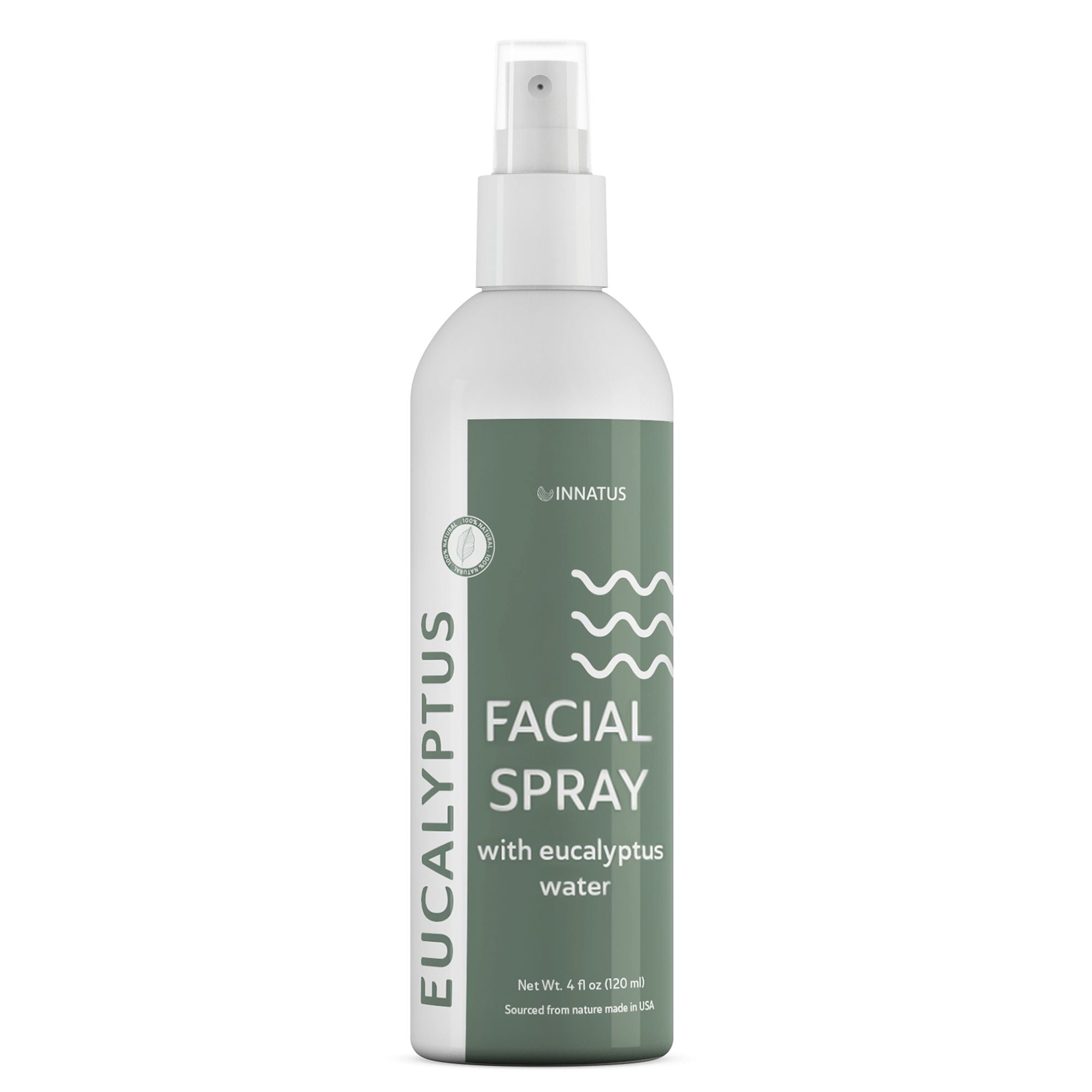 Facial spray bottle with eucalyptus label.