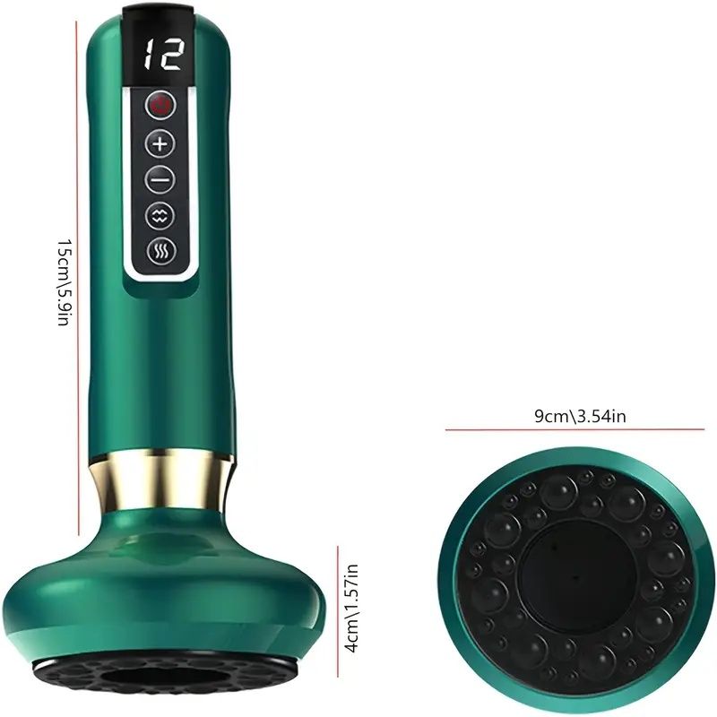 Green handheld shower head with measurement details on a white background