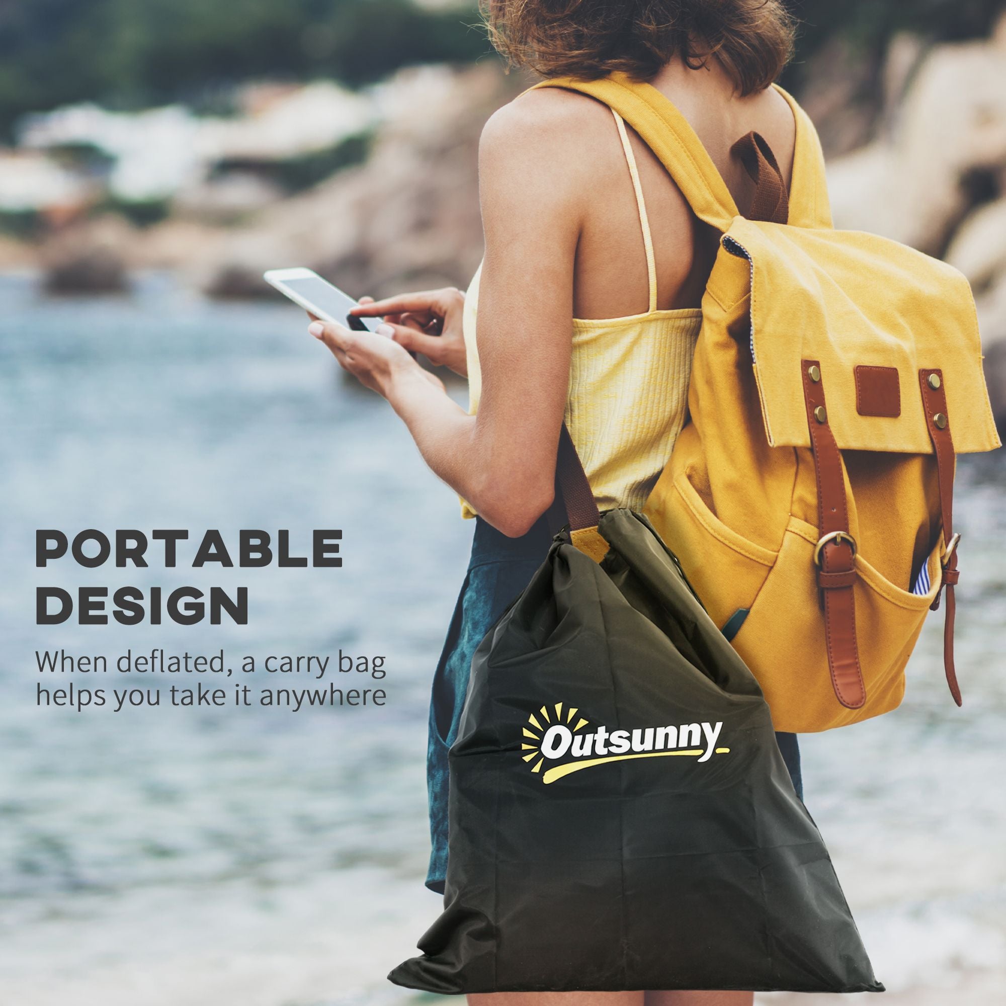 yellow backpack and green carry bag.