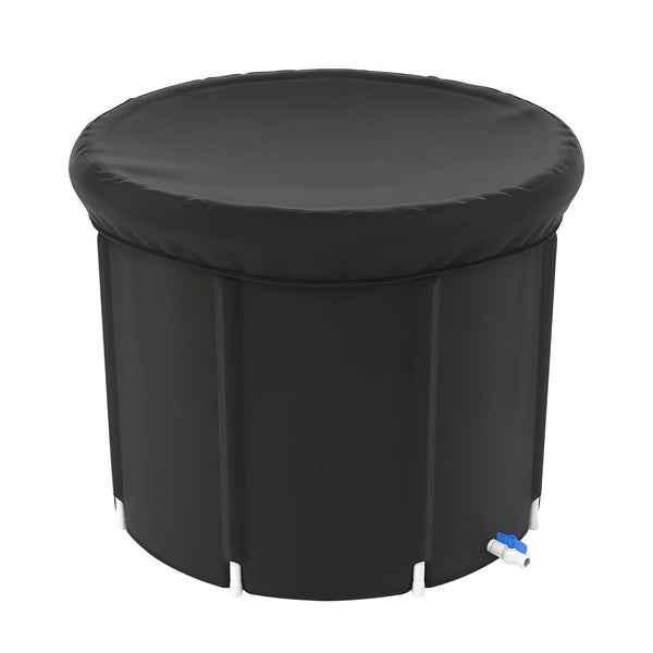 Black inflatable pool with a cover on a white background