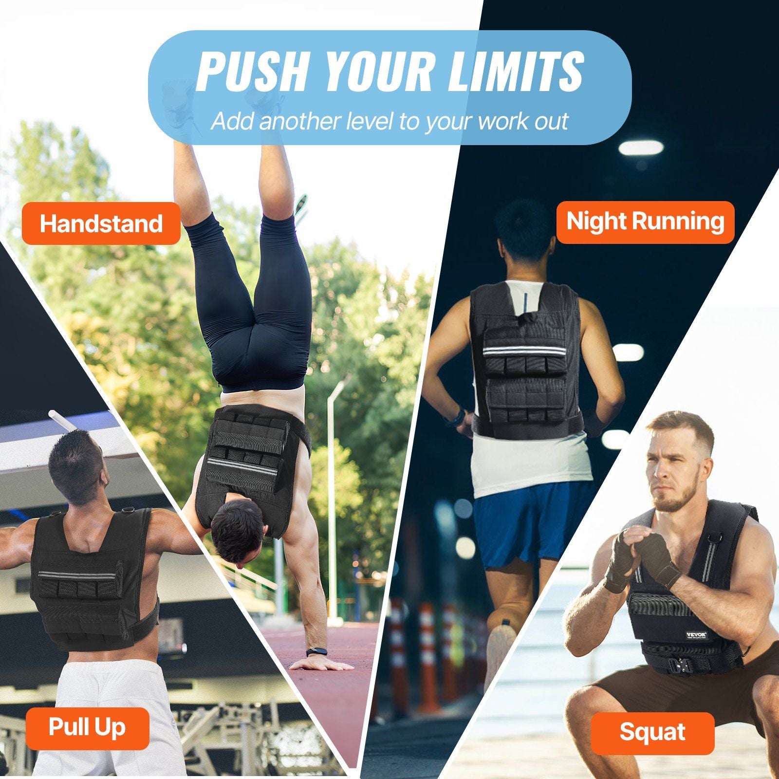Collage of people performing various exercises with text encouraging pushing limits.