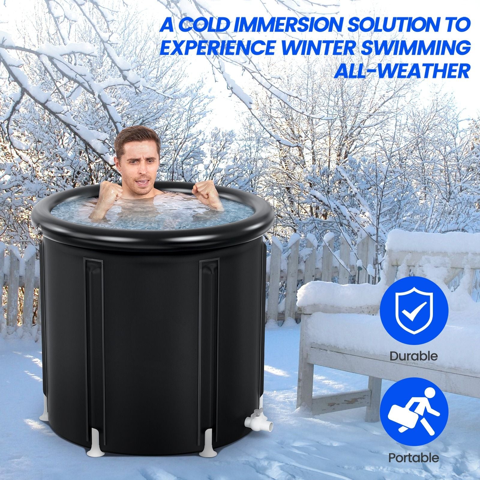 Person in a black portable hot tub surrounded by snow with promotional text and icons.