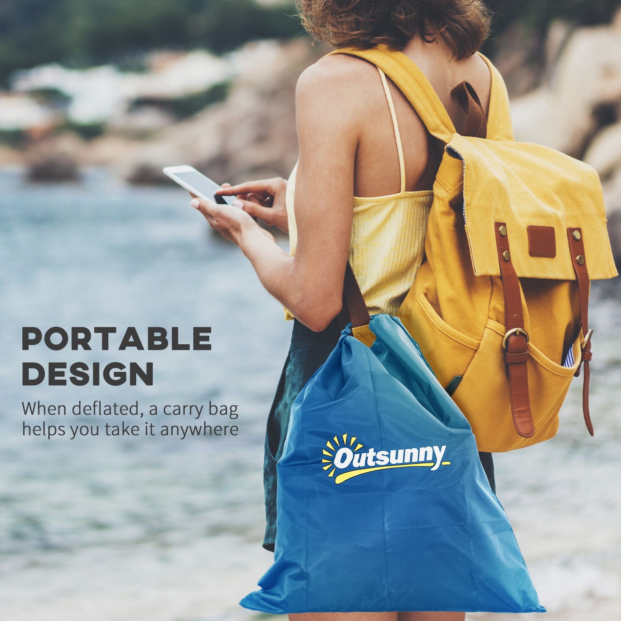 Person with yellow backpack and blue Outsunny bag.