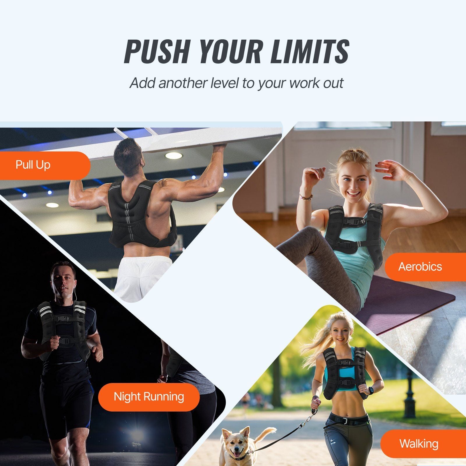 Collage of people exercising with text 'Push Your Limits' and activity names.