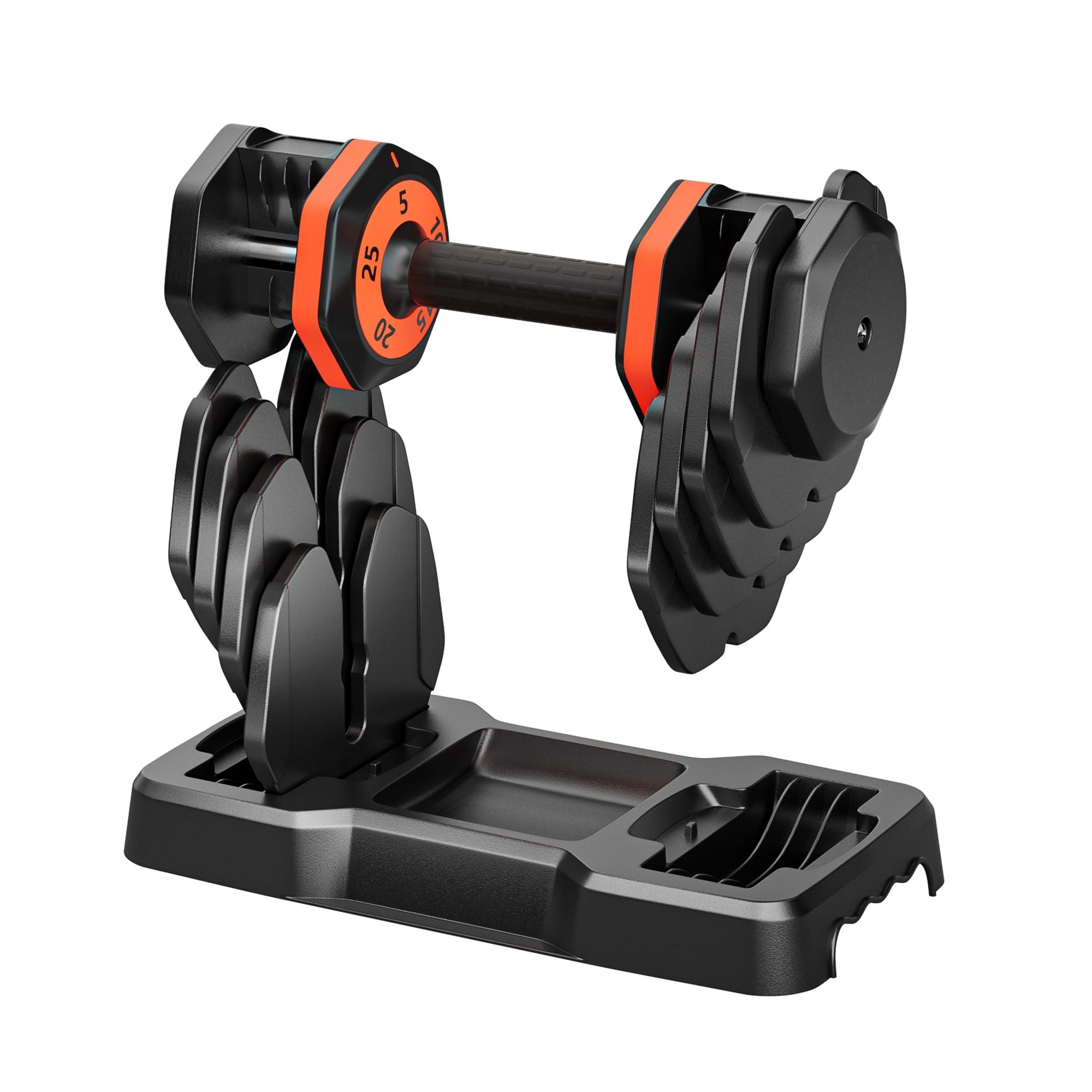 adjustable dumbbells in black and orange color.