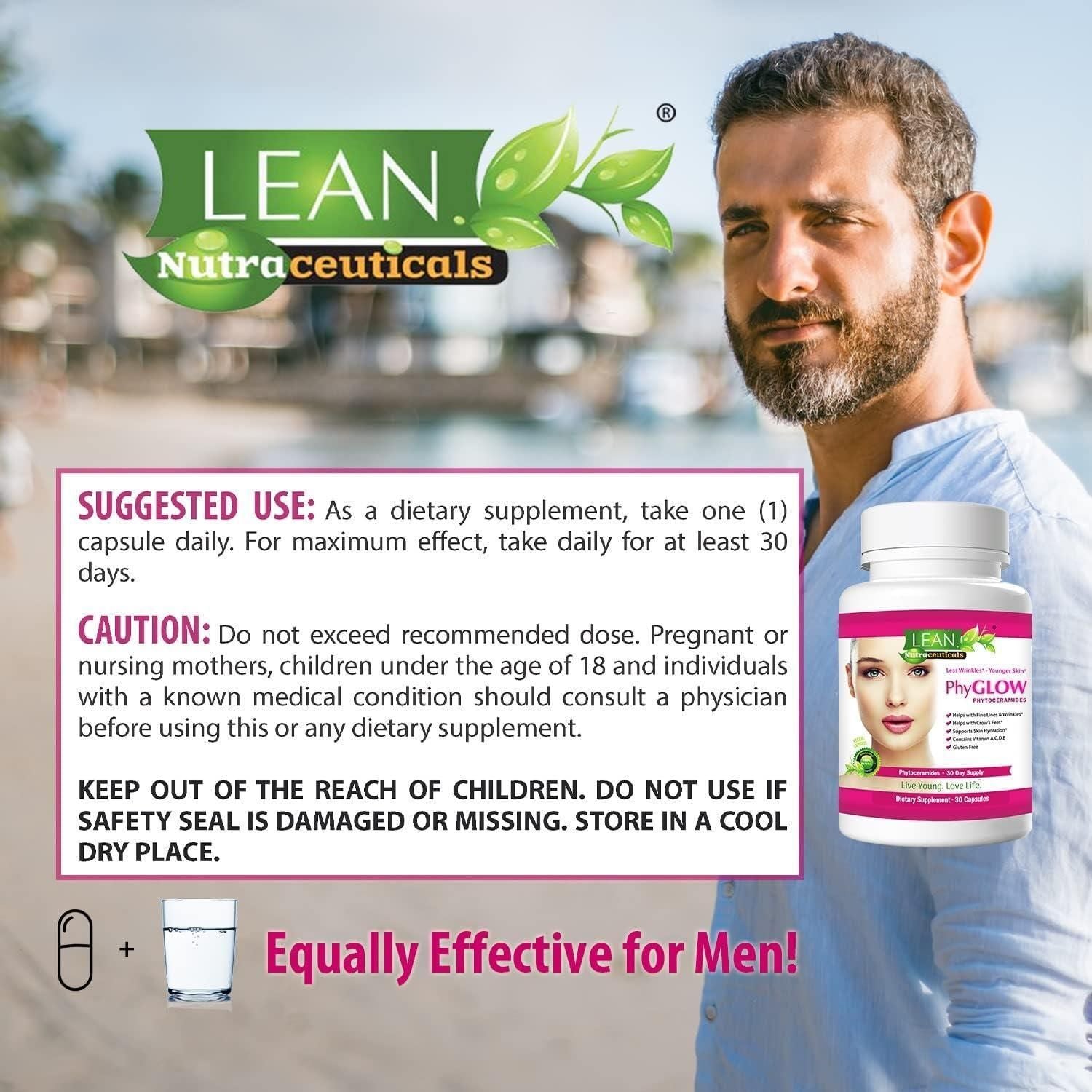 Man holding a supplement bottle with Lean Nutraceuticals branding and product details.