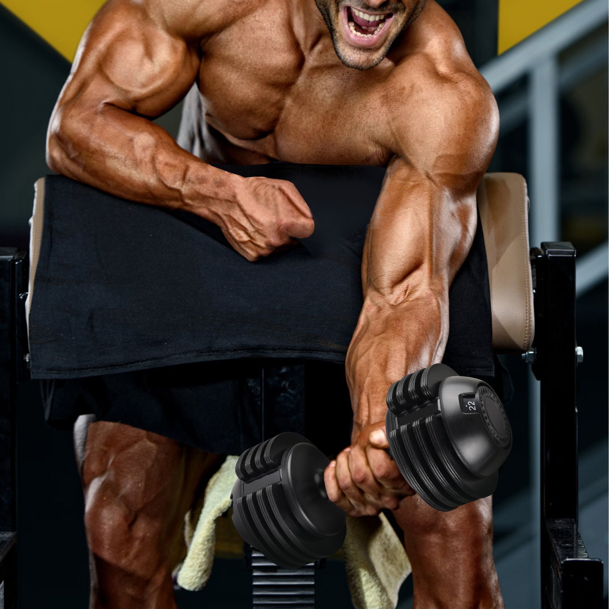 Muscular man lifting dumbbells in a gym setting.