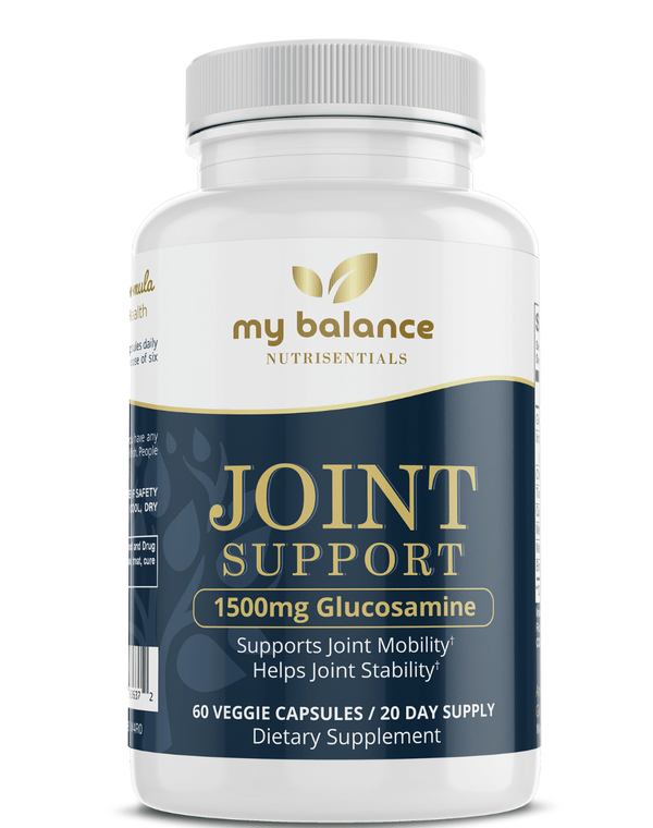 Supplement bottle labeled 'my balance' for joint support with glucosamine.