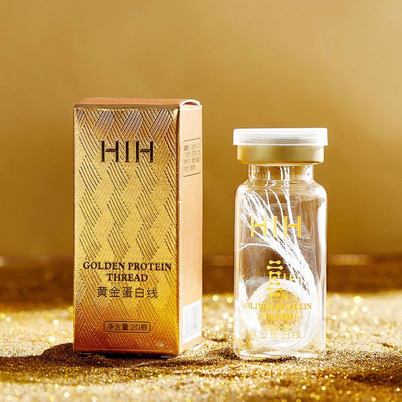 Gold packaging and bottle of HIN Golden Protein Thread.