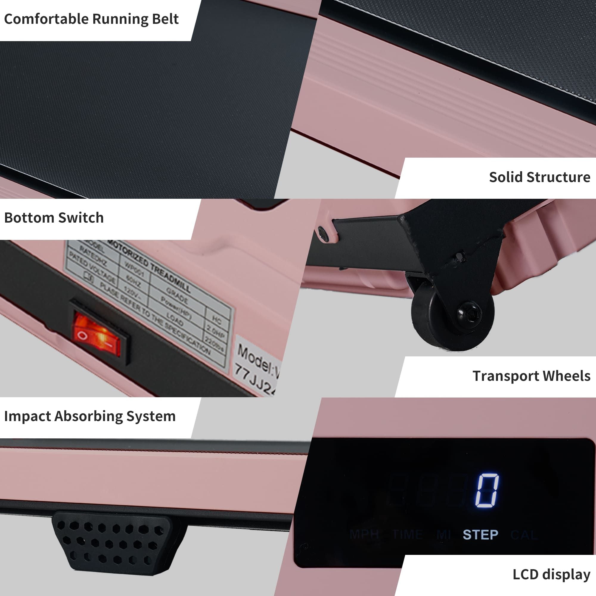 Close-up of a treadmill with labeled components.