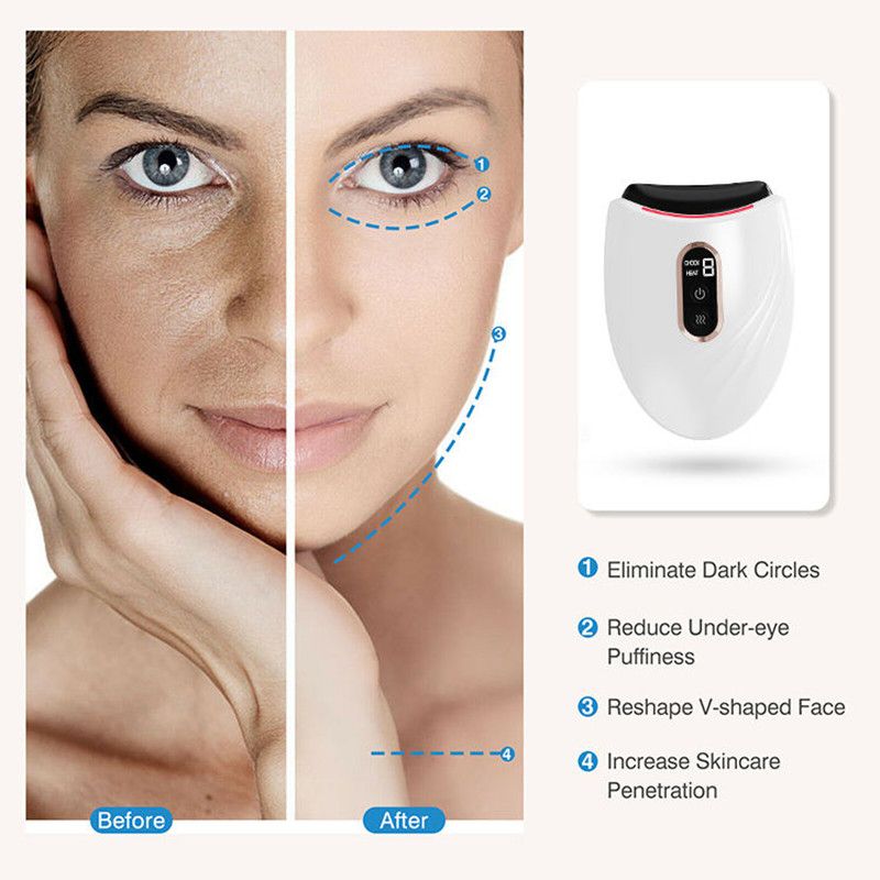 Before and after effects of a skincare device on a woman's face.