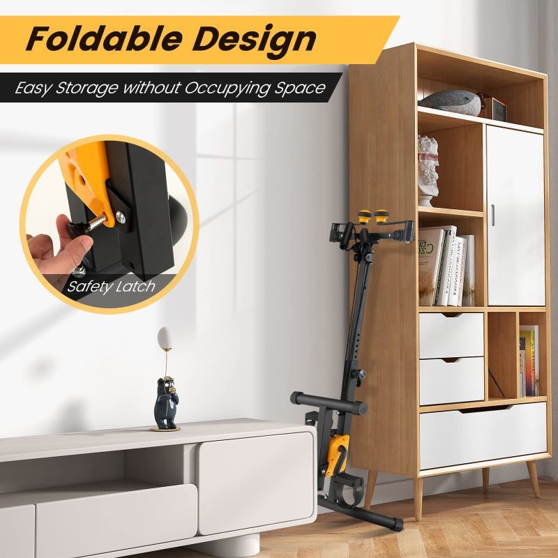 Foldable design gym equipment next to a bookshelf with safety latch feature highlighted.